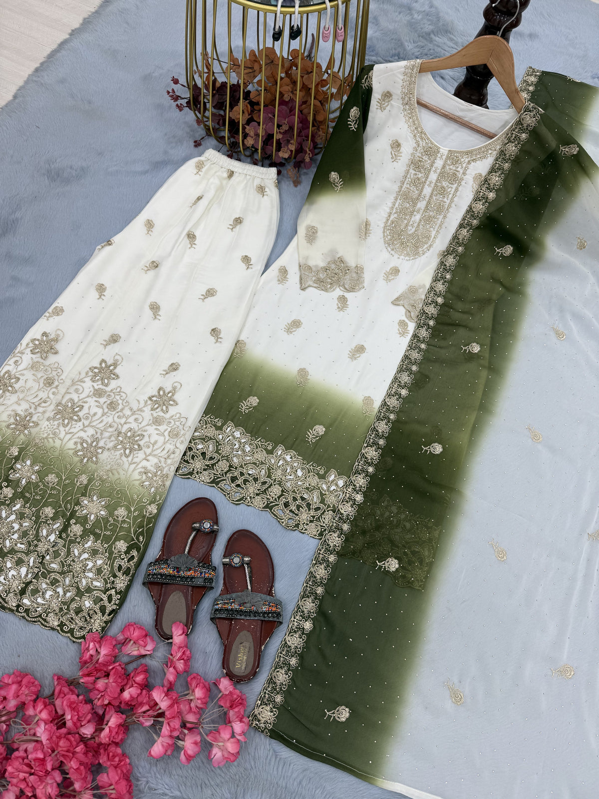 Off-White and Olive Green Stone Work Georgette Kurta Set, view 4