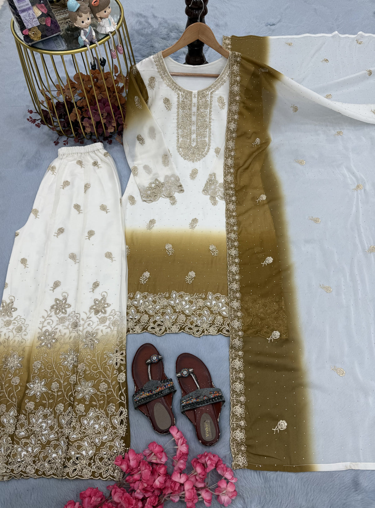 Off-White and Mustard Stone Work Georgette Kurta Set, view 3