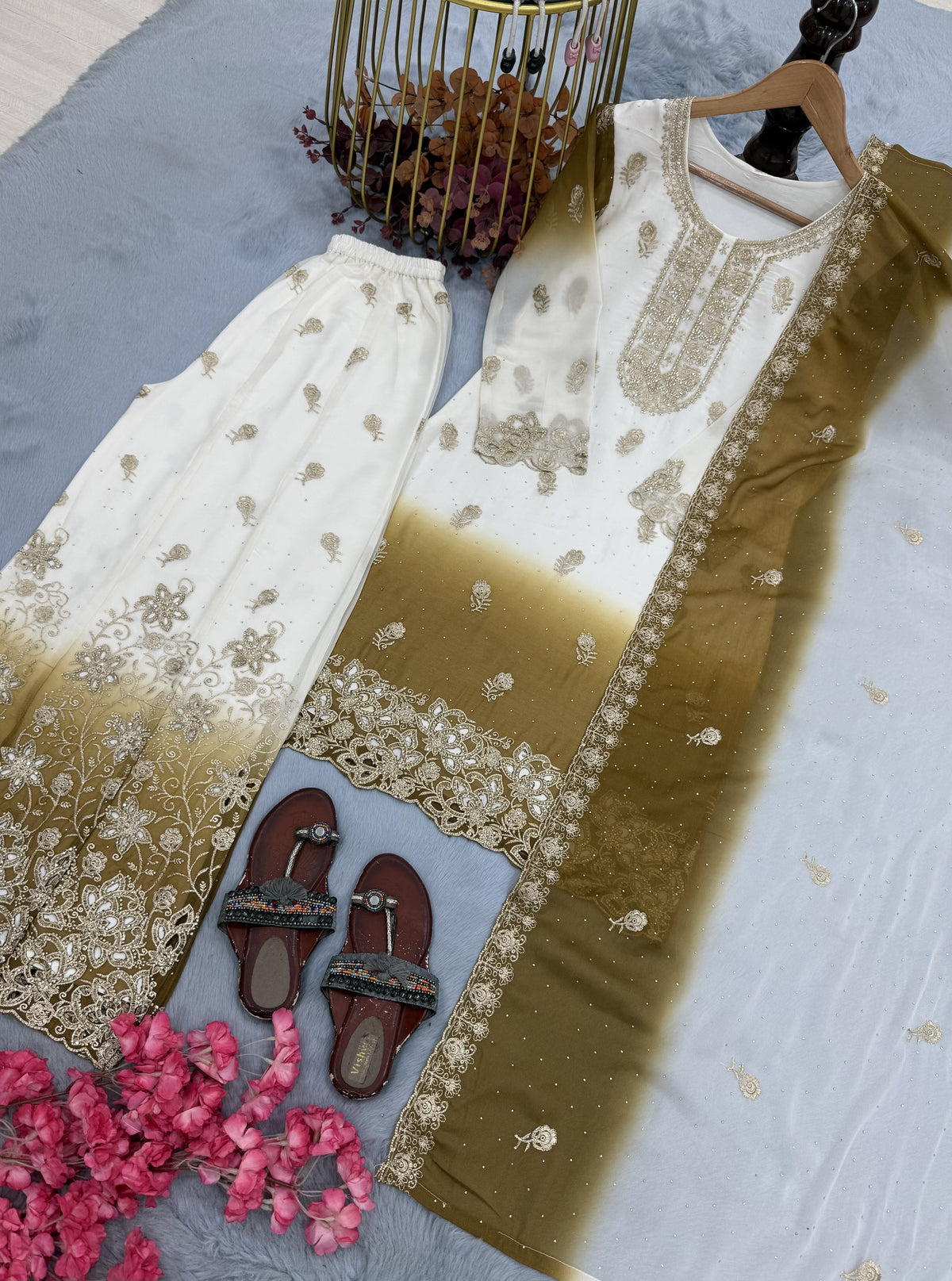 Off-White and Mustard Stone Work Georgette Kurta Set, view 4