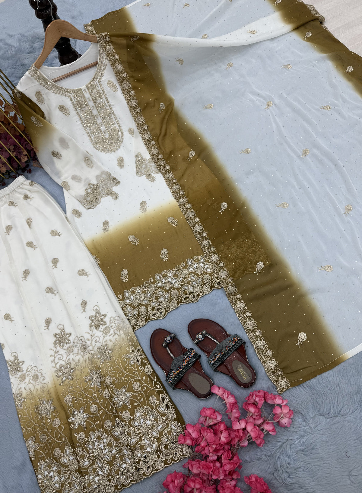 Off-White and Mustard Stone Work Georgette Kurta Set, view 5