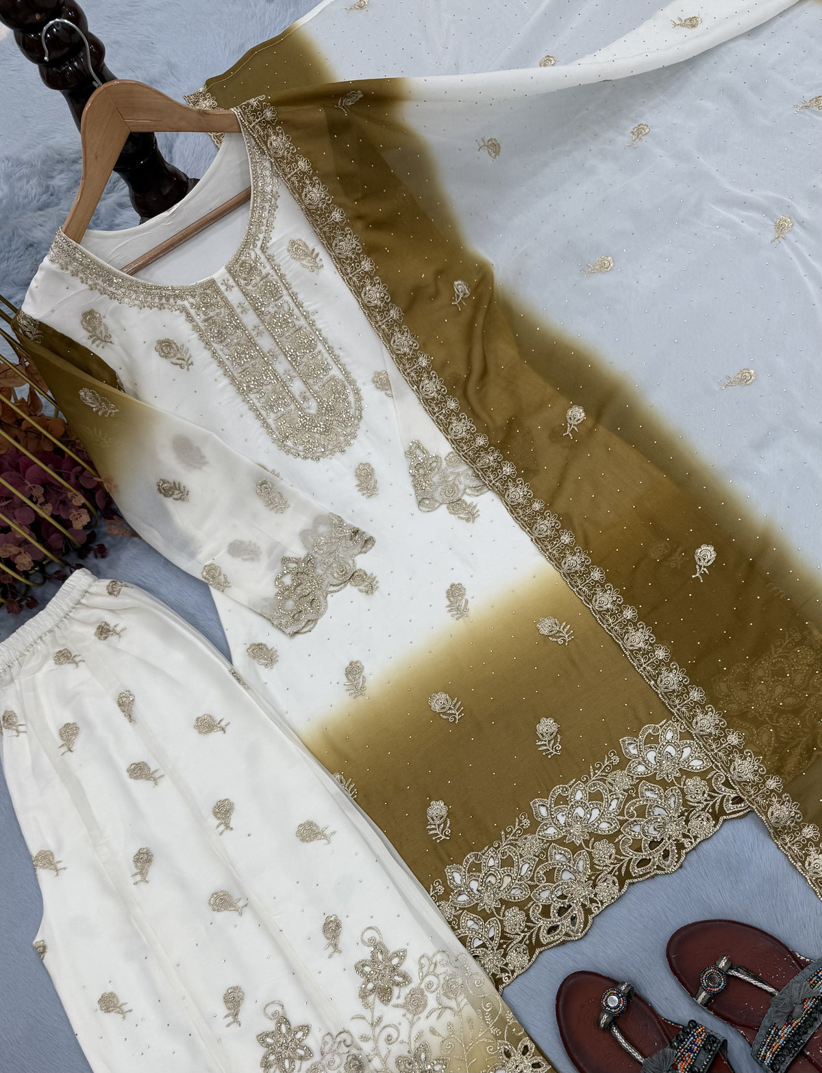 Off-White and Mustard Stone Work Georgette Kurta Set, view 6