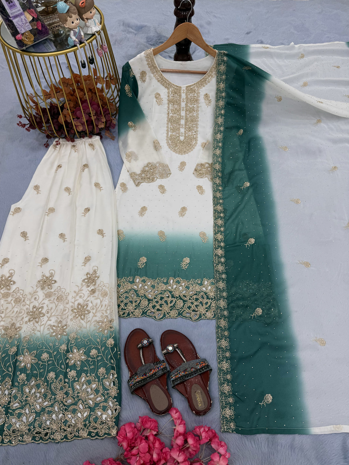 Off-White and Teal Stone Work Georgette Kurta Set, view 3