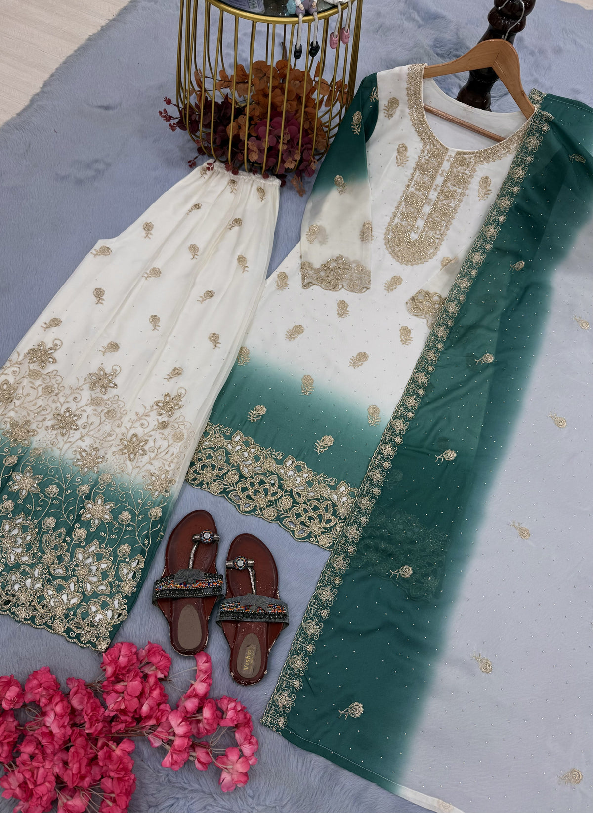 Off-White and Teal Stone Work Georgette Kurta Set, view 4