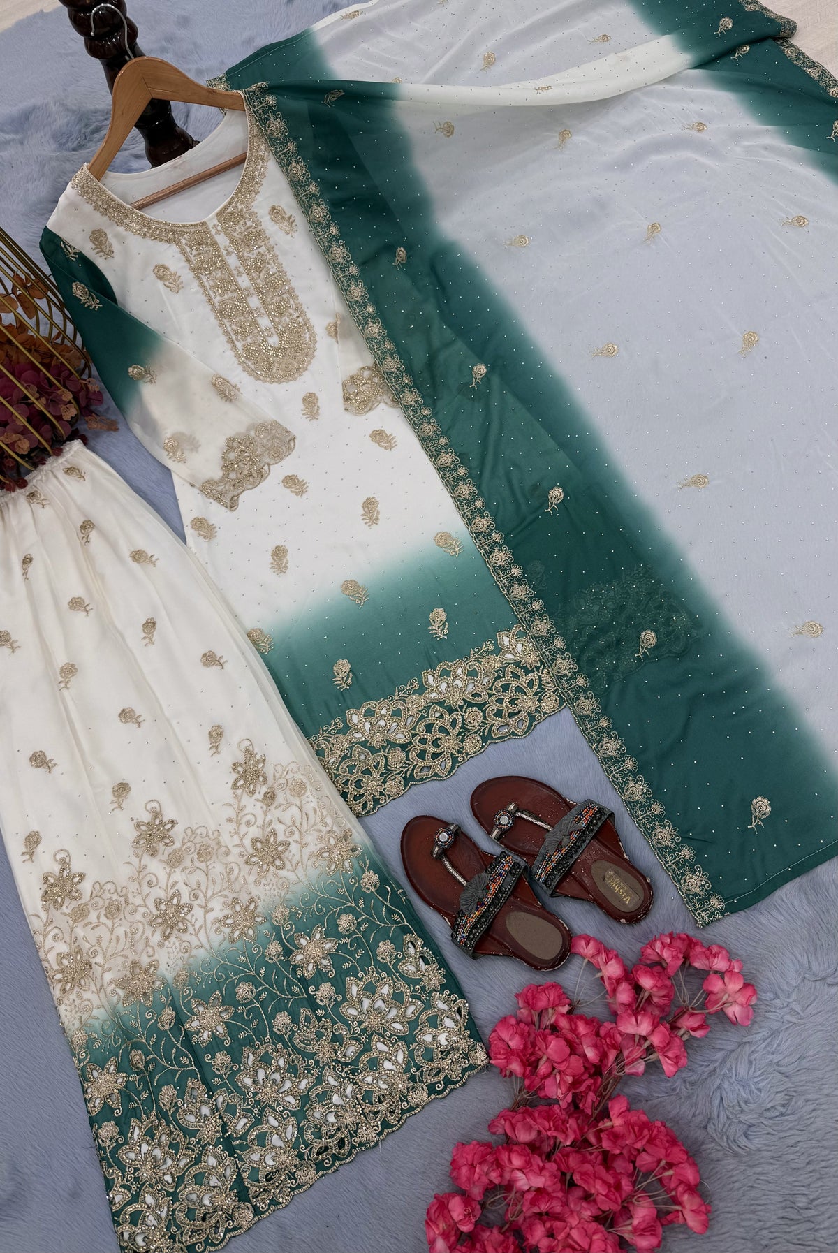 Off-White and Teal Stone Work Georgette Kurta Set, view 5