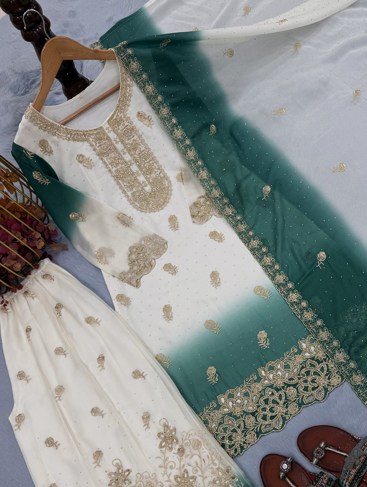 Off-White and Teal Stone Work Georgette Kurta Set, view 6