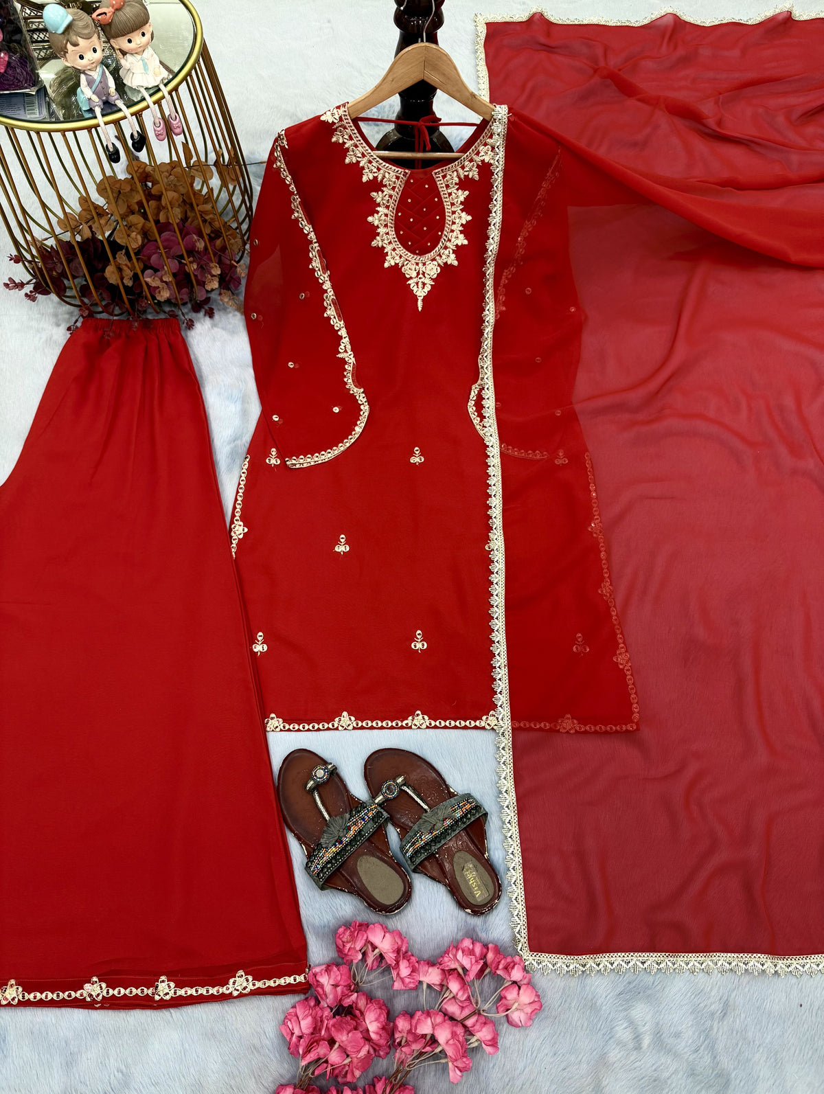 Red Georgette Kurta Palazzo Set with Stone Work, view 5
