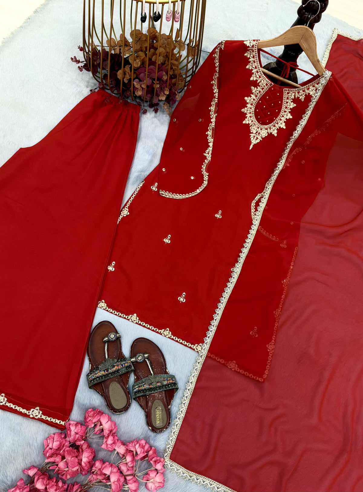Red Georgette Kurta Palazzo Set with Stone Work, view 6