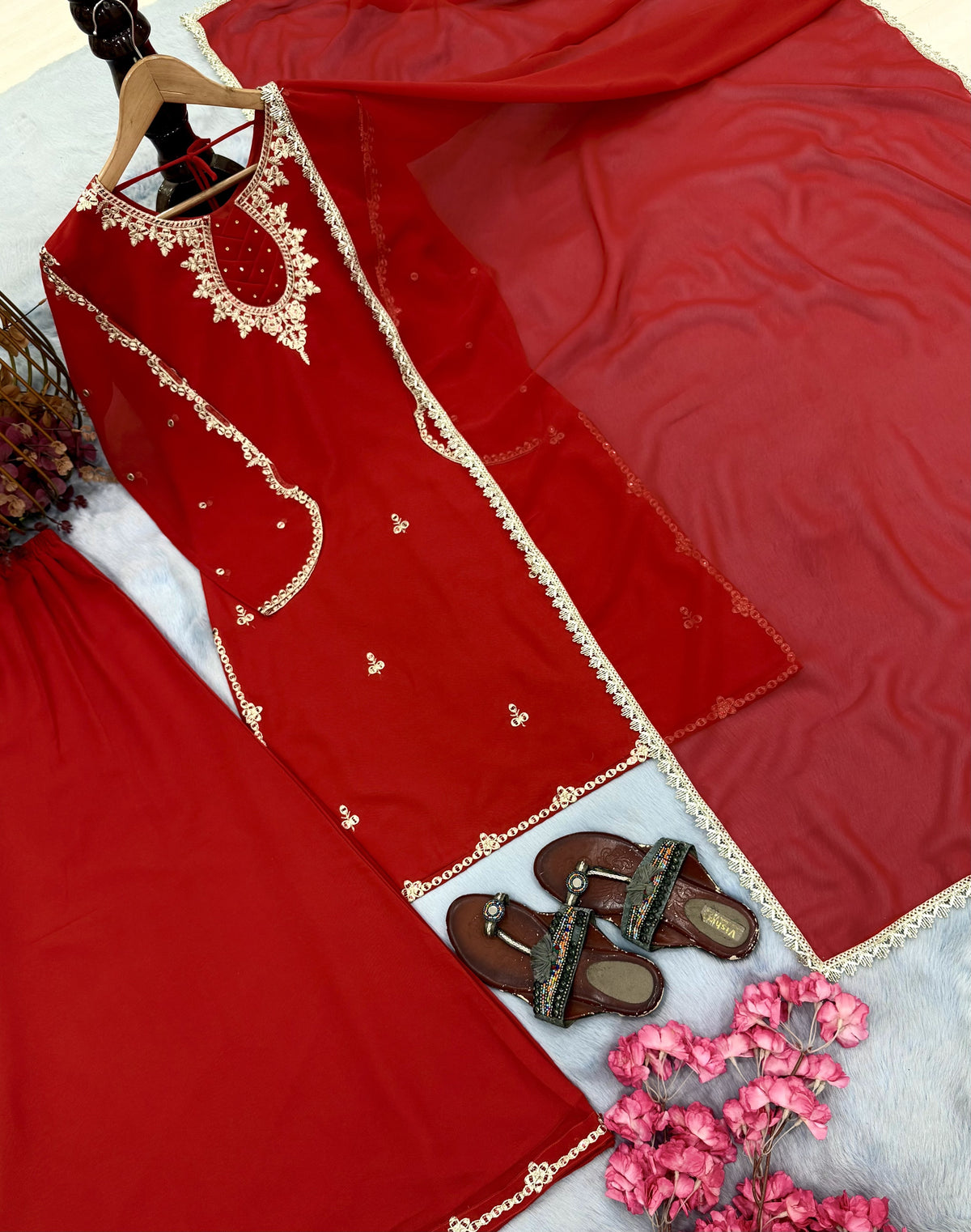 Red Georgette Kurta Palazzo Set with Stone Work, view 7