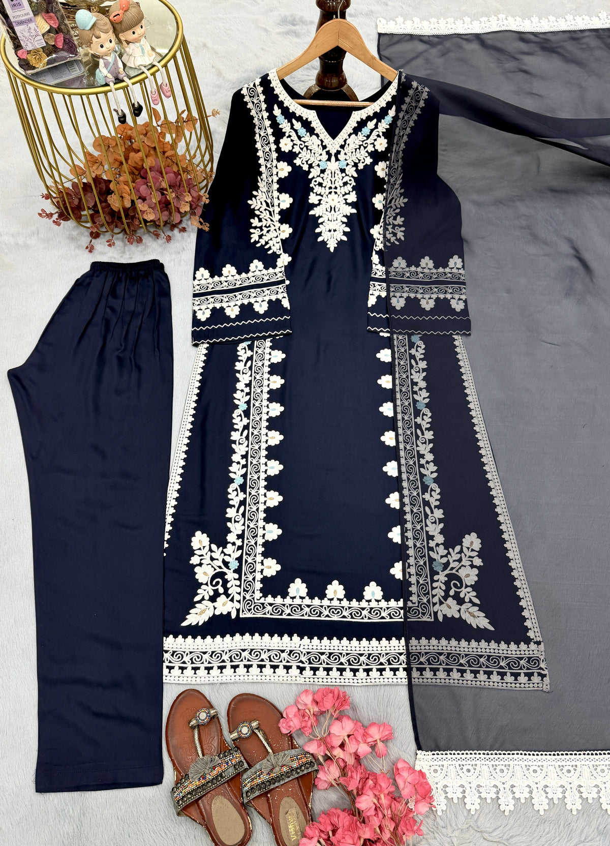 Navy Blue Satin Kaftan Kurta Set, view 4