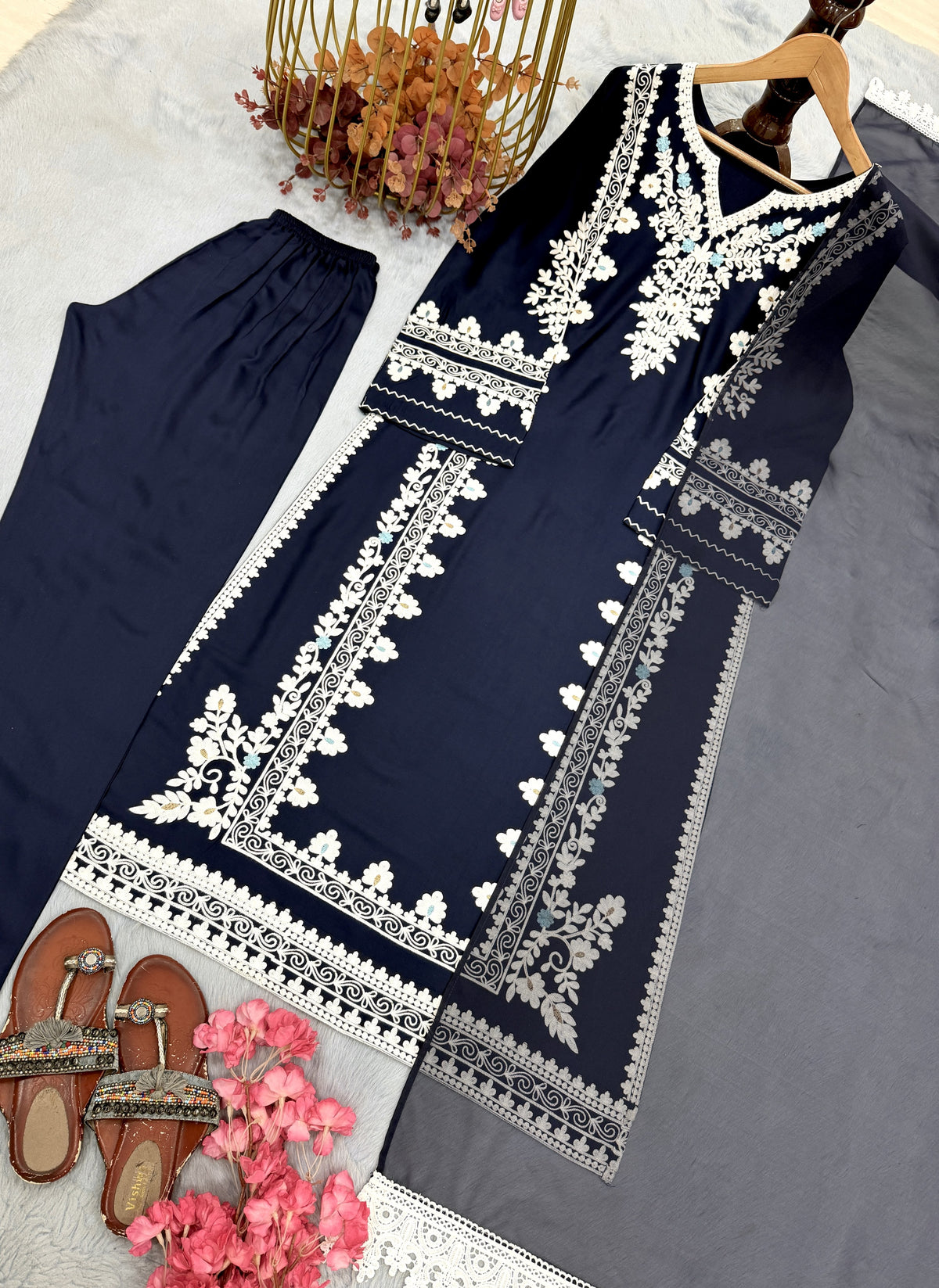 Navy Blue Satin Kaftan Kurta Set, view 5