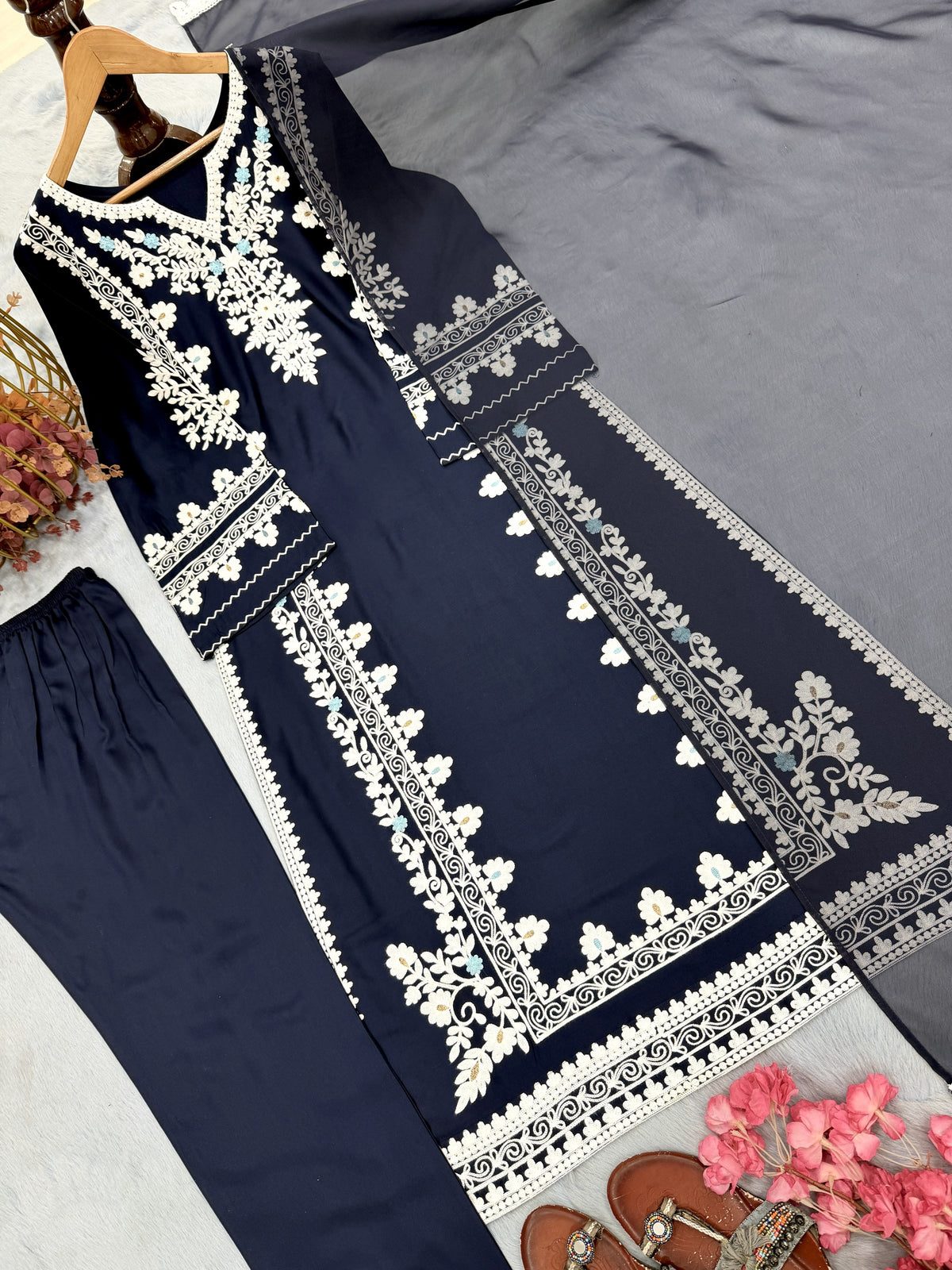 Navy Blue Satin Kaftan Kurta Set, view 6