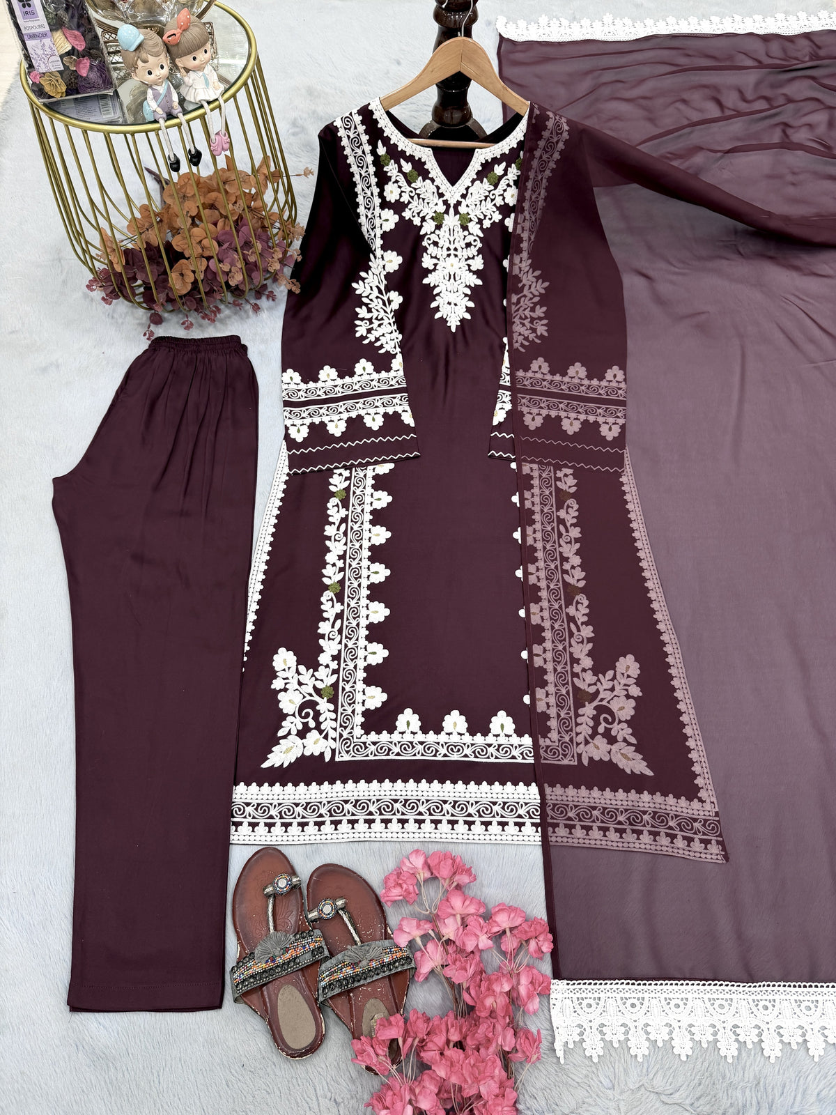 Wine Satin Kaftan Kurta Set, view 4