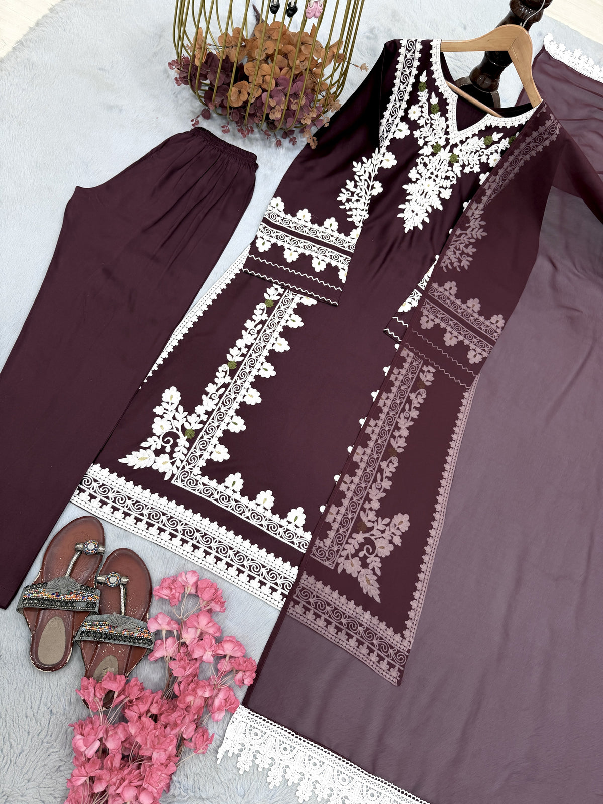 Wine Satin Kaftan Kurta Set, view 5