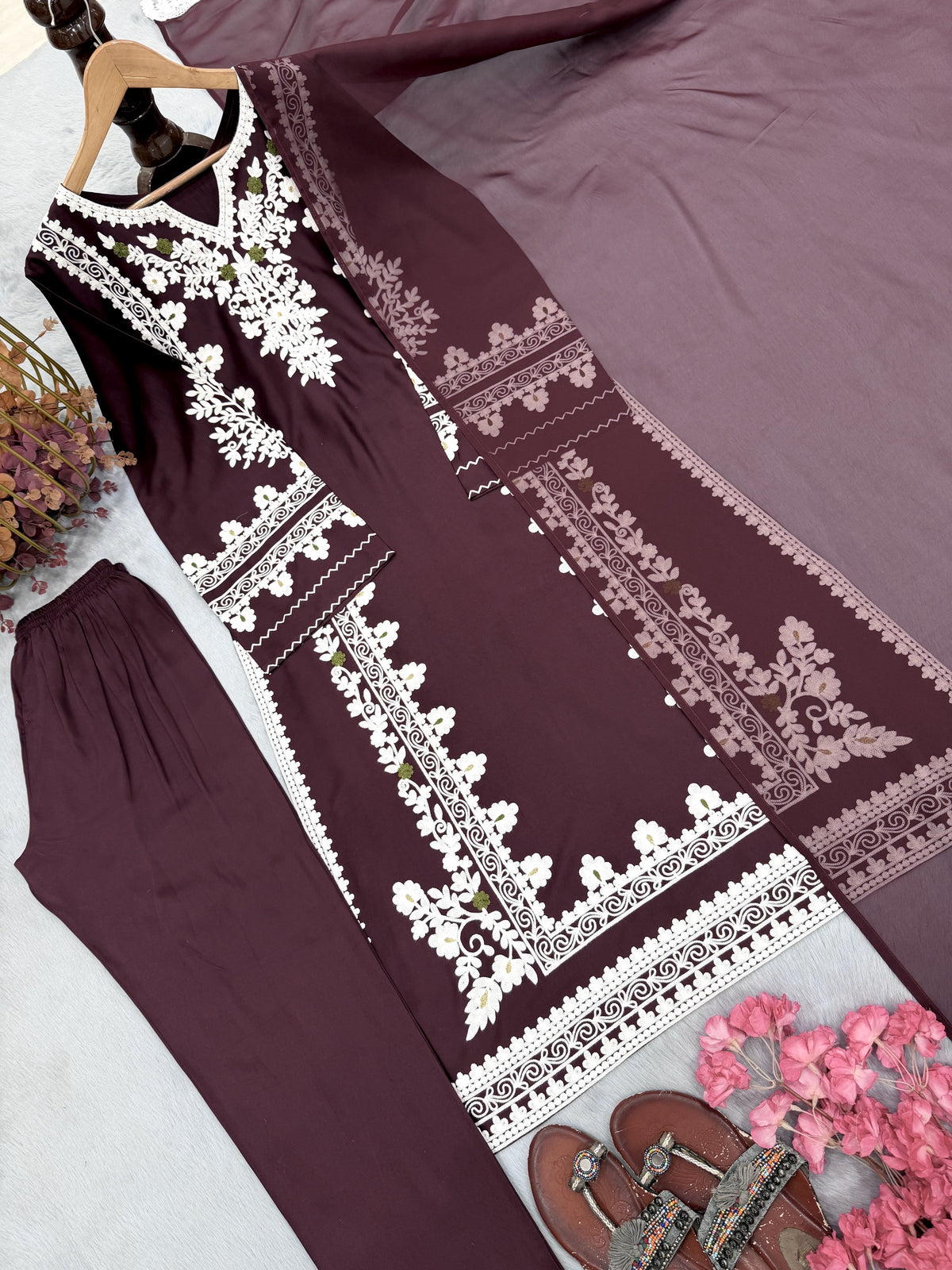 Wine Satin Kaftan Kurta Set, view 6