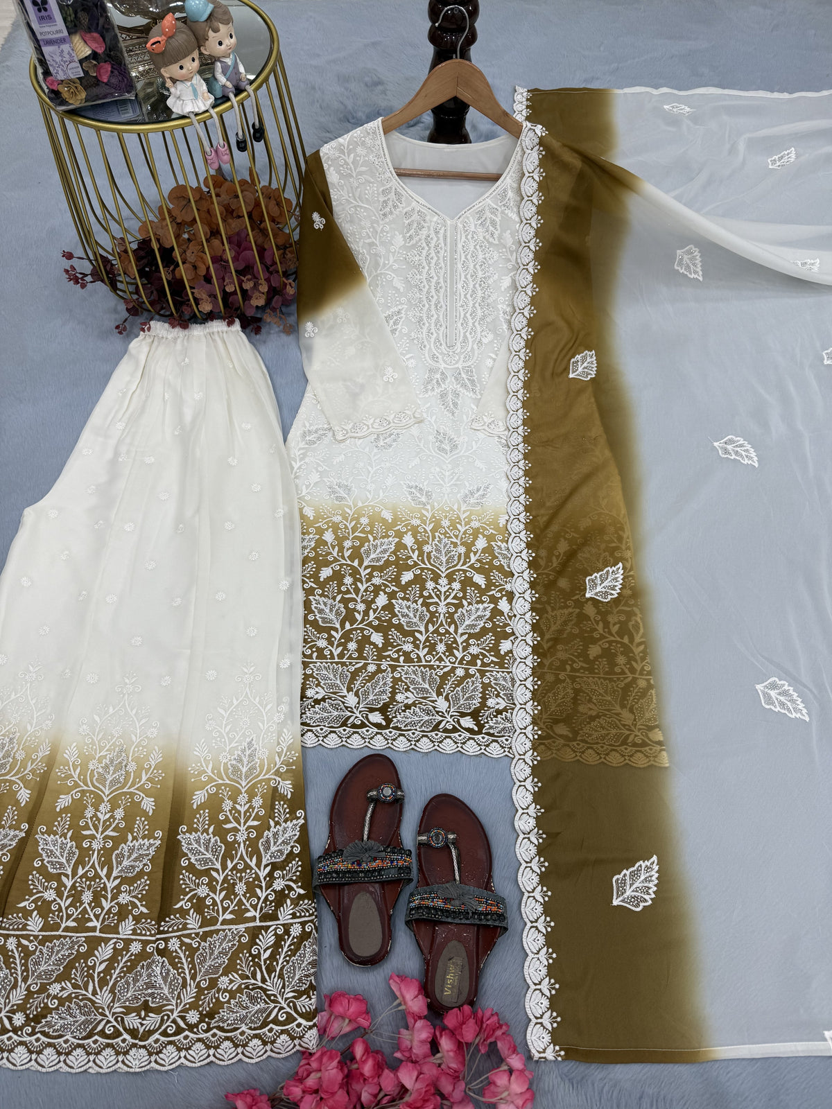 Off-White and Mustard Cutwork Georgette Kurta Palazzo Set, view 3