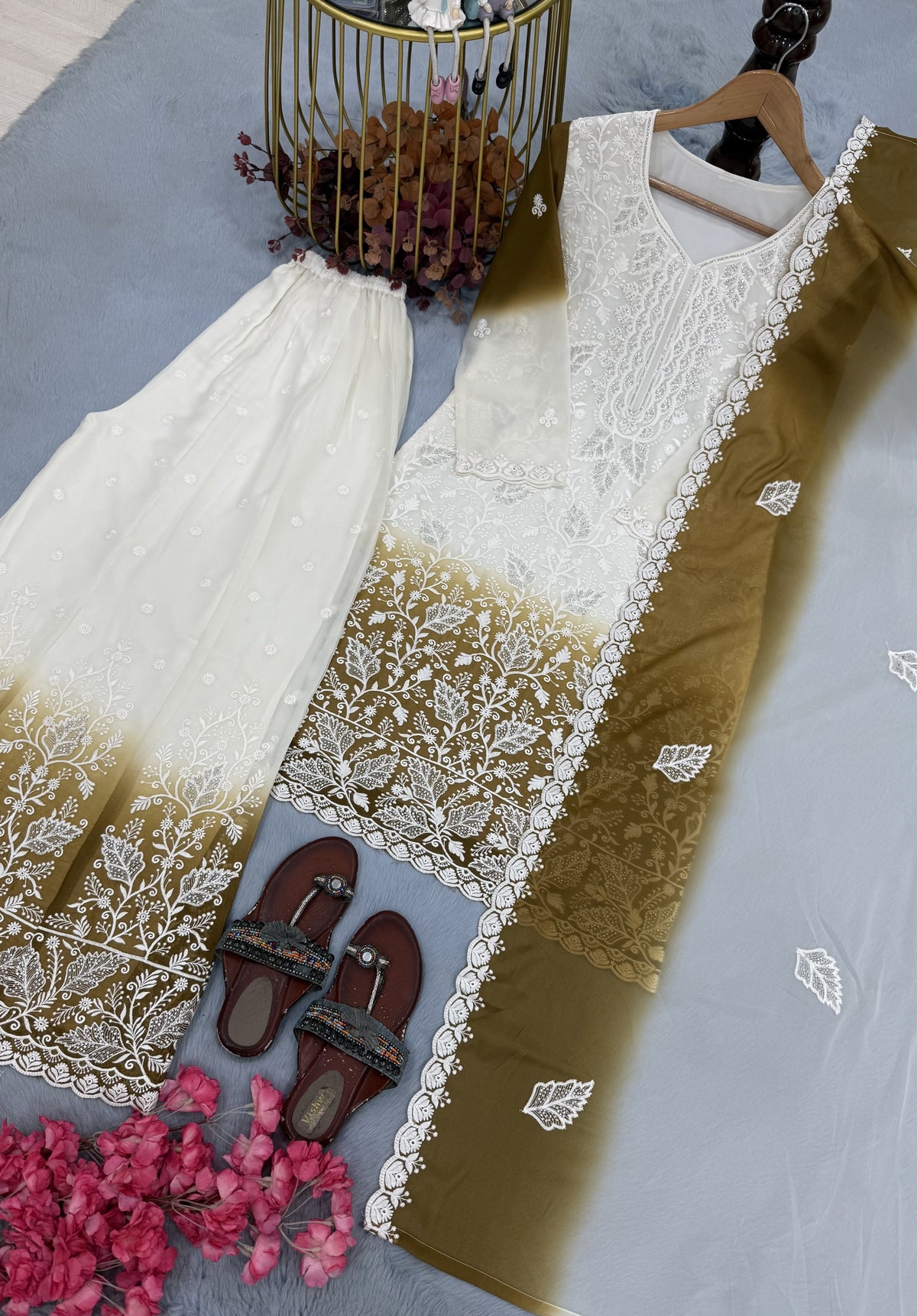 Off-White and Mustard Cutwork Georgette Kurta Palazzo Set, view 4