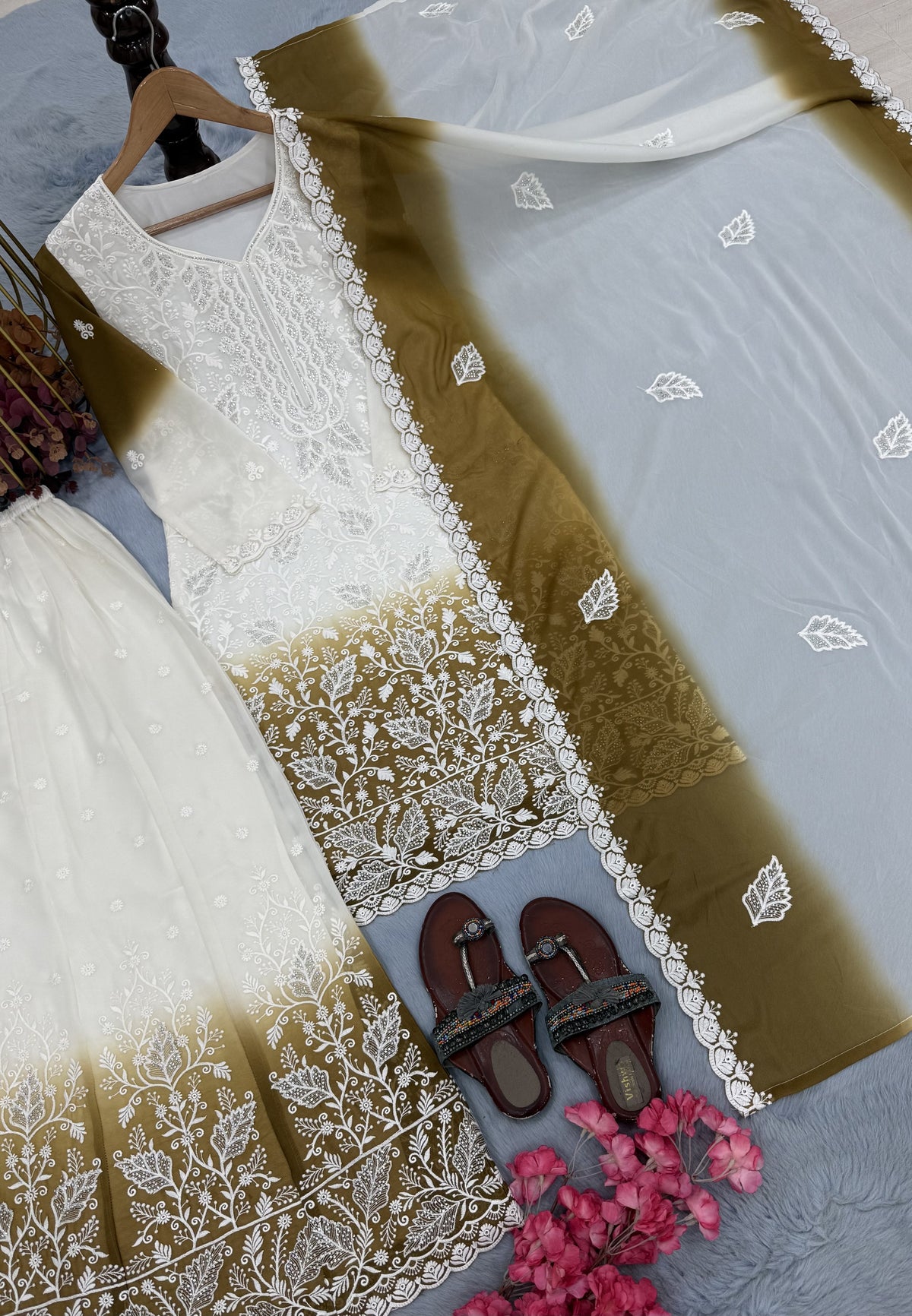 Off-White and Mustard Cutwork Georgette Kurta Palazzo Set, view 5