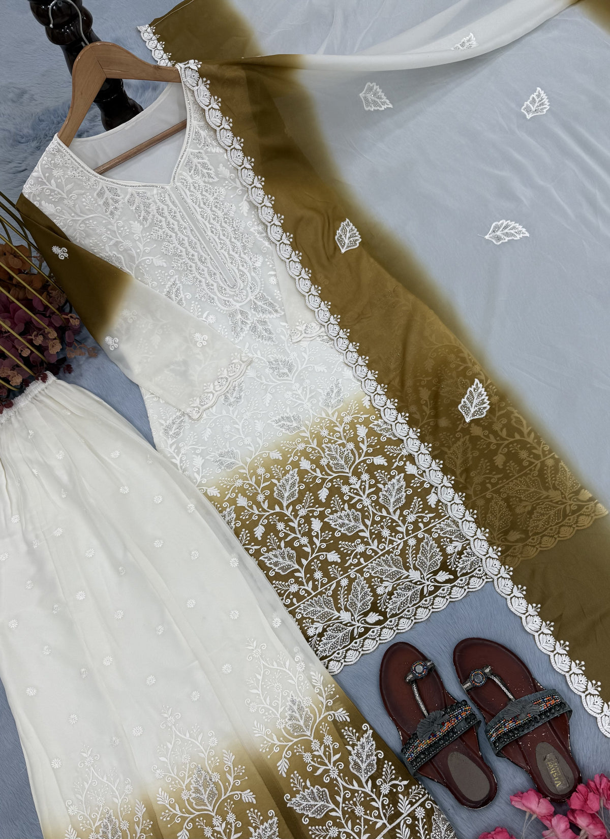 Off-White and Mustard Cutwork Georgette Kurta Palazzo Set, view 6