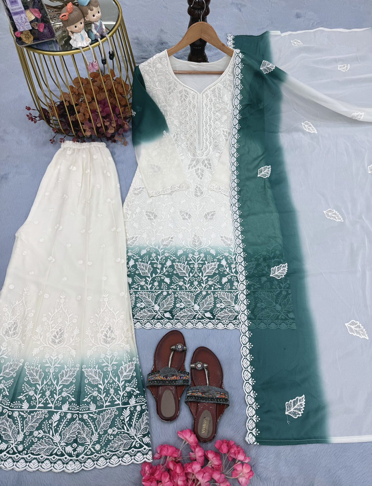 Off-White and Teal Cutwork Georgette Kurta Palazzo Set, view 3