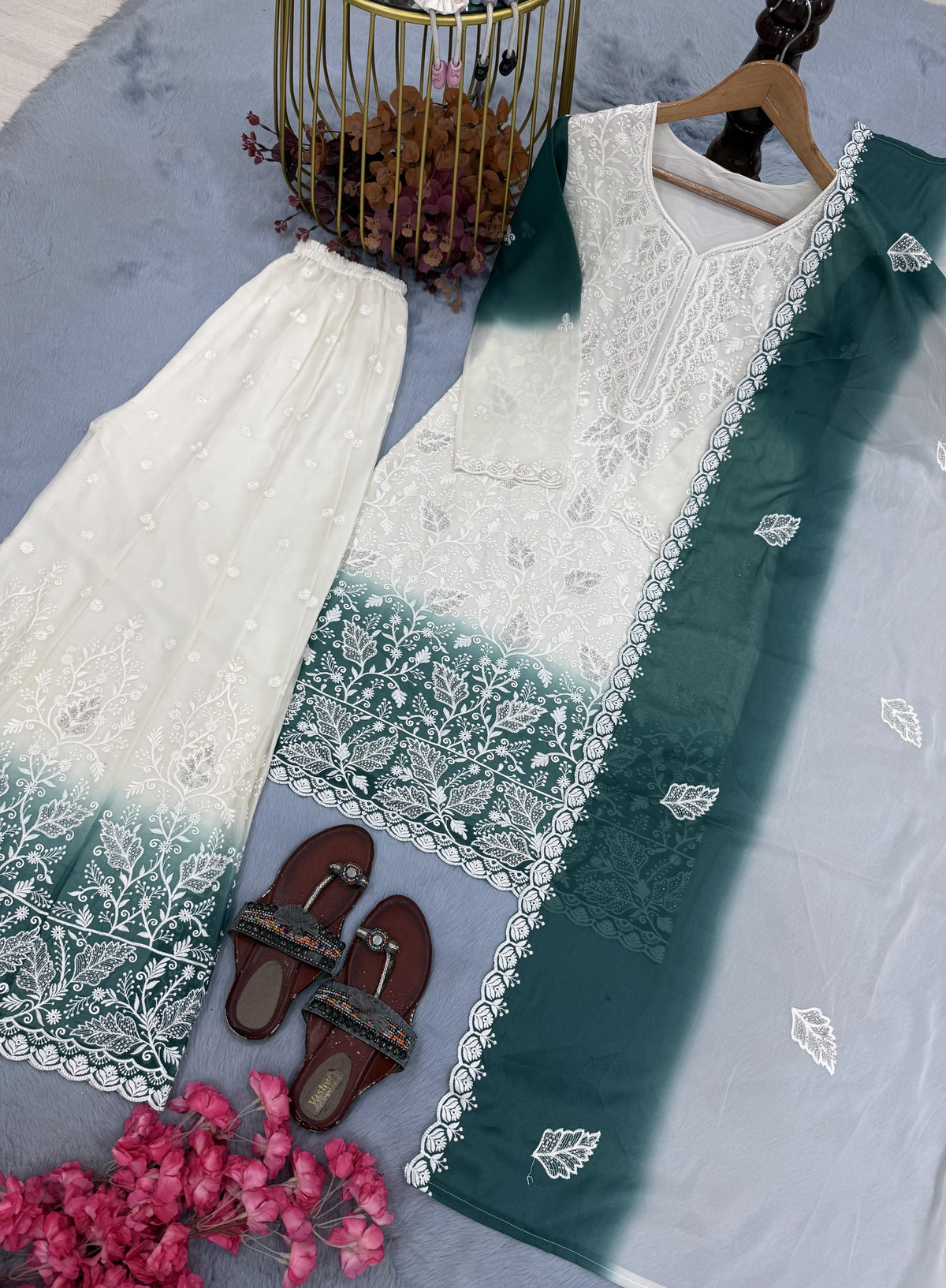 Off-White and Teal Cutwork Georgette Kurta Palazzo Set, view 4