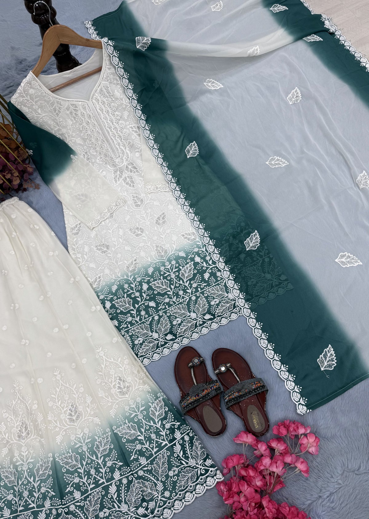 Off-White and Teal Cutwork Georgette Kurta Palazzo Set, view 5