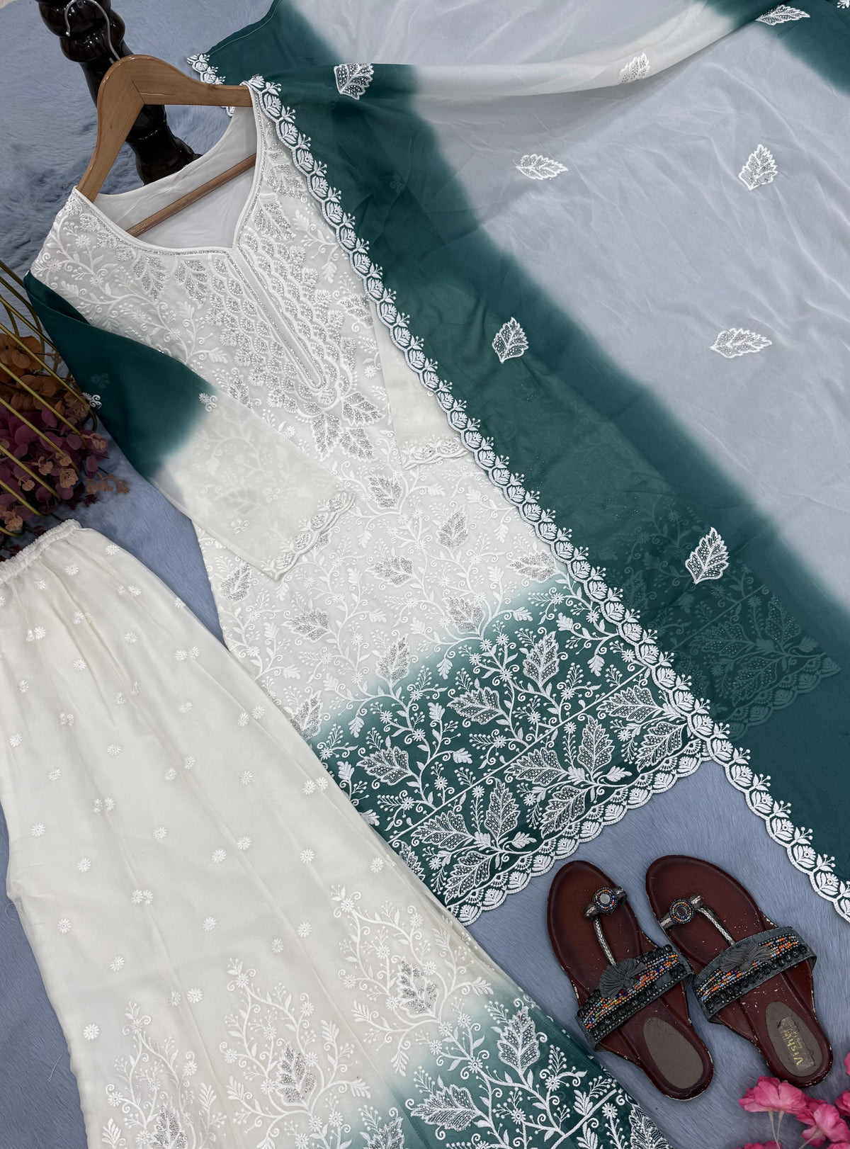 Off-White and Teal Cutwork Georgette Kurta Palazzo Set, view 6
