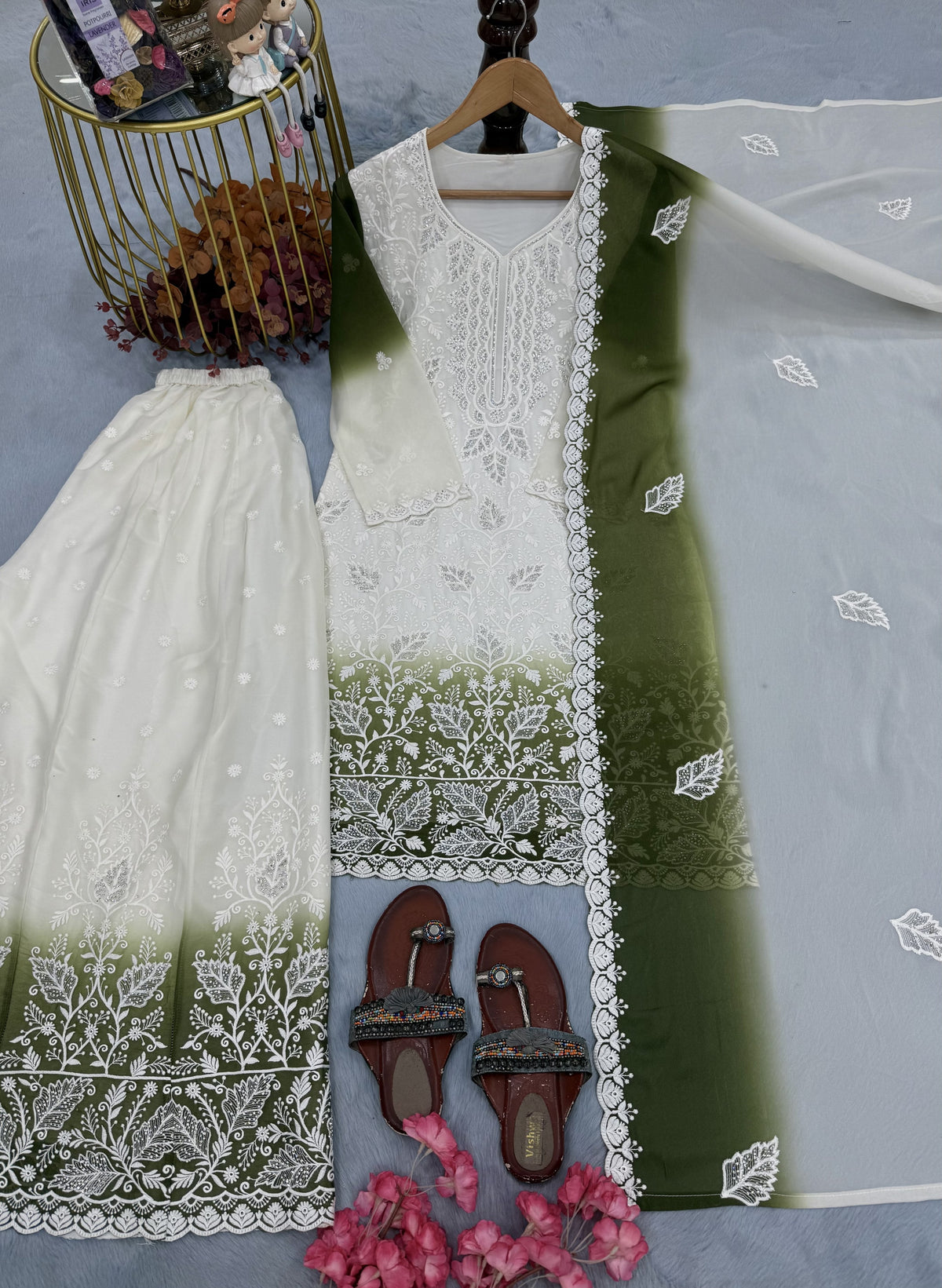 Off-White and Olive Green Cutwork Georgette Kurta Palazzo Set, view 3