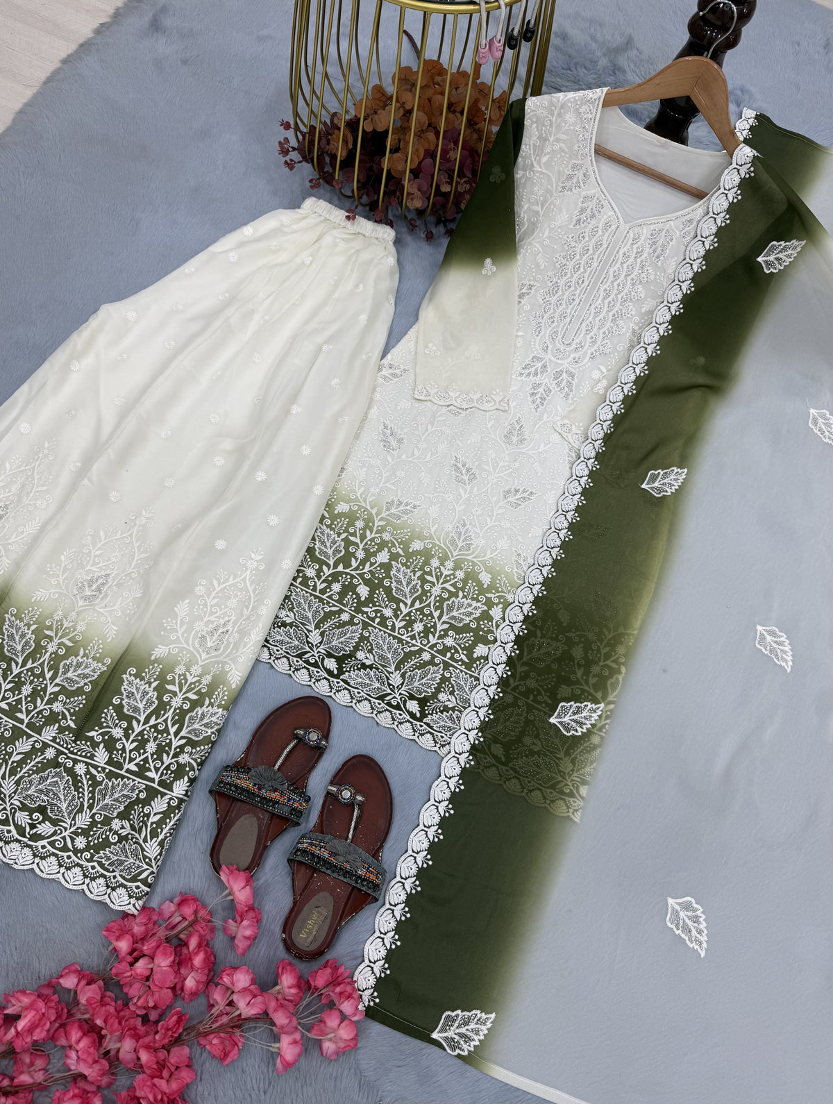 Off-White and Olive Green Cutwork Georgette Kurta Palazzo Set, view 4