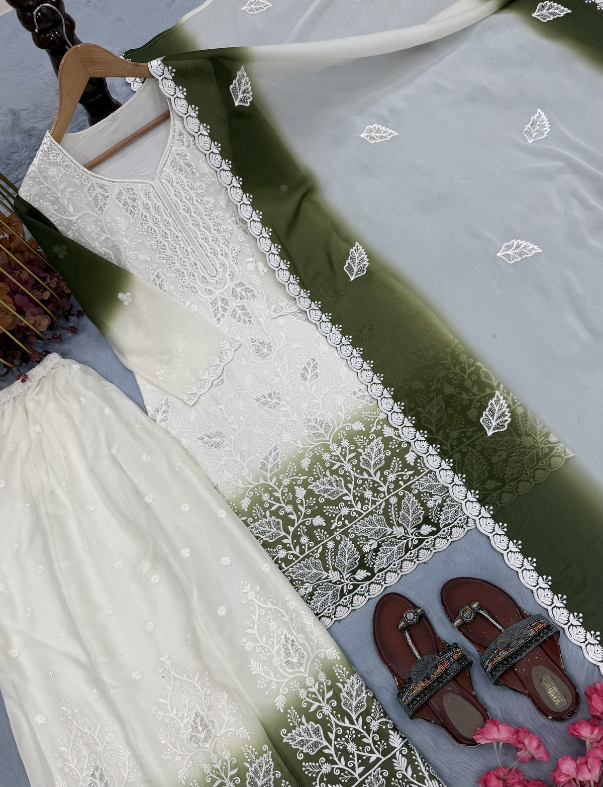 Off-White and Olive Green Cutwork Georgette Kurta Palazzo Set, view 6