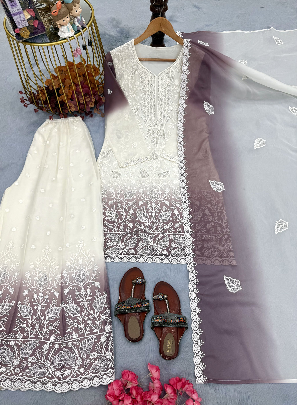 Off-White and Grey Cutwork Georgette Kurta Palazzo Set, view 3