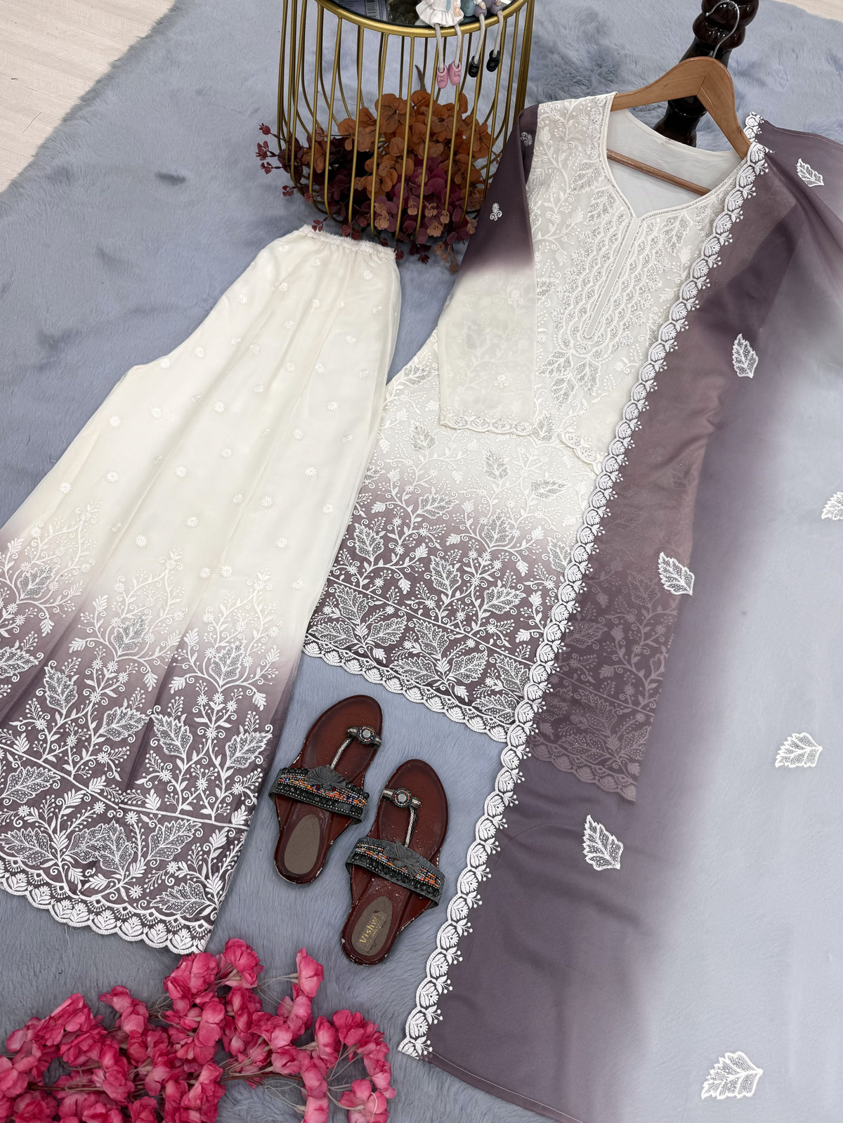 Off-White and Grey Cutwork Georgette Kurta Palazzo Set, view 4