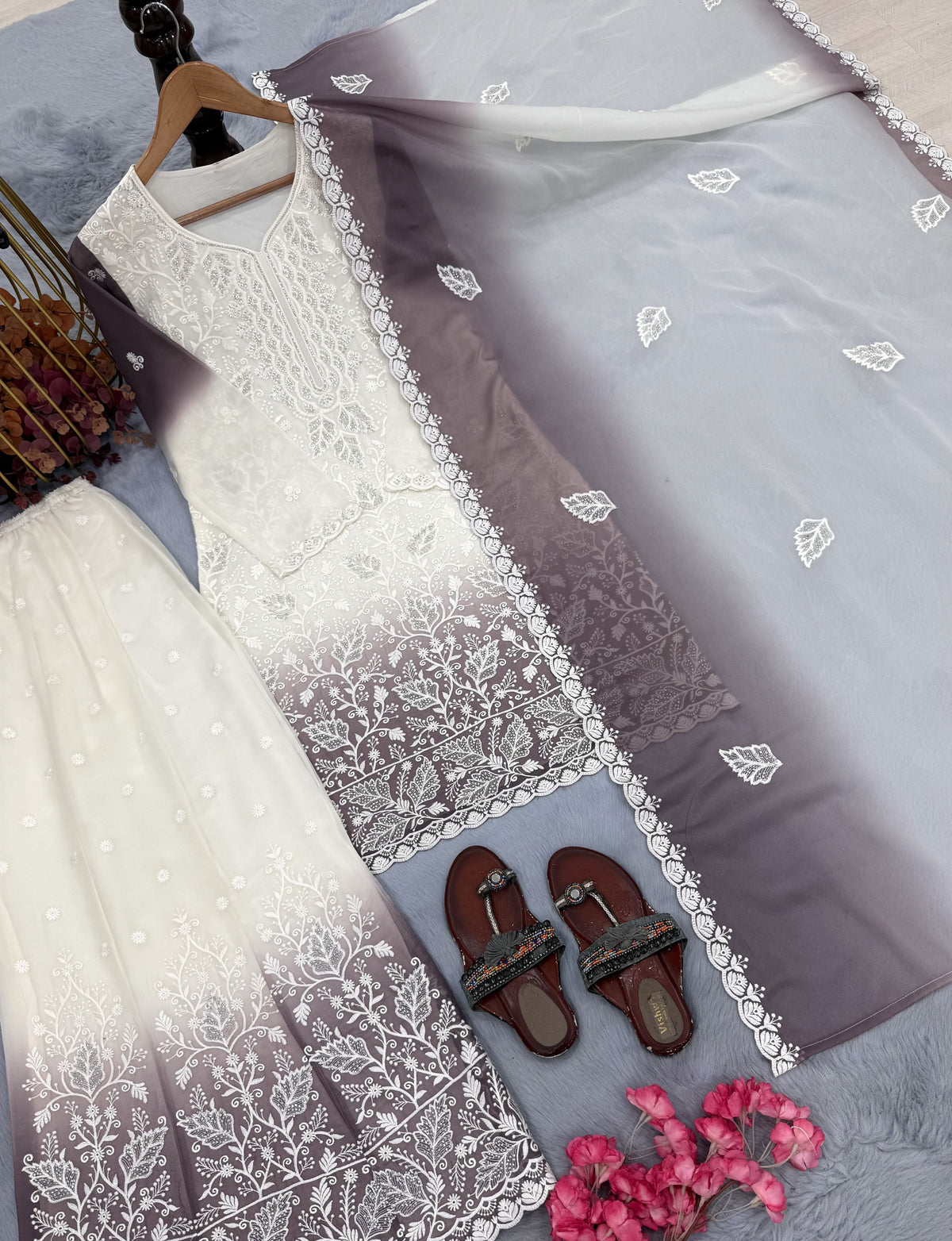 Off-White and Grey Cutwork Georgette Kurta Palazzo Set, view 5