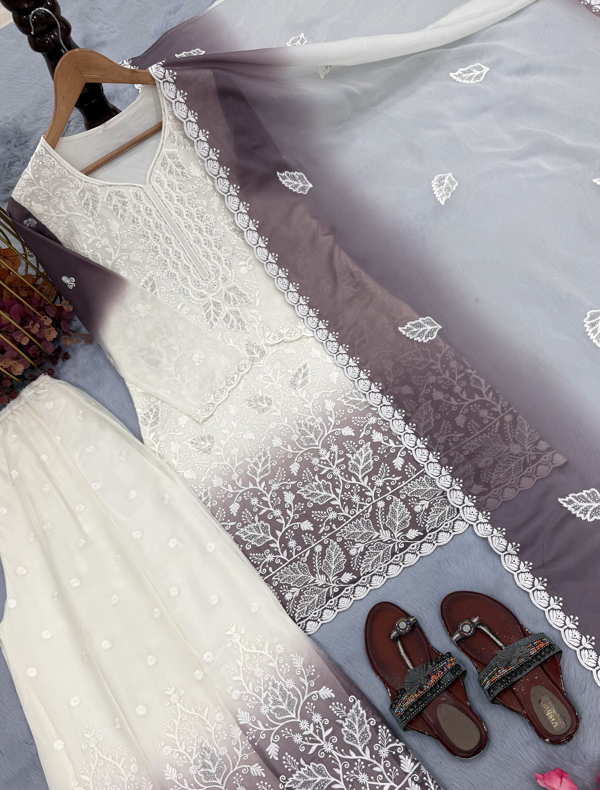 Off-White and Grey Cutwork Georgette Kurta Palazzo Set, view 6