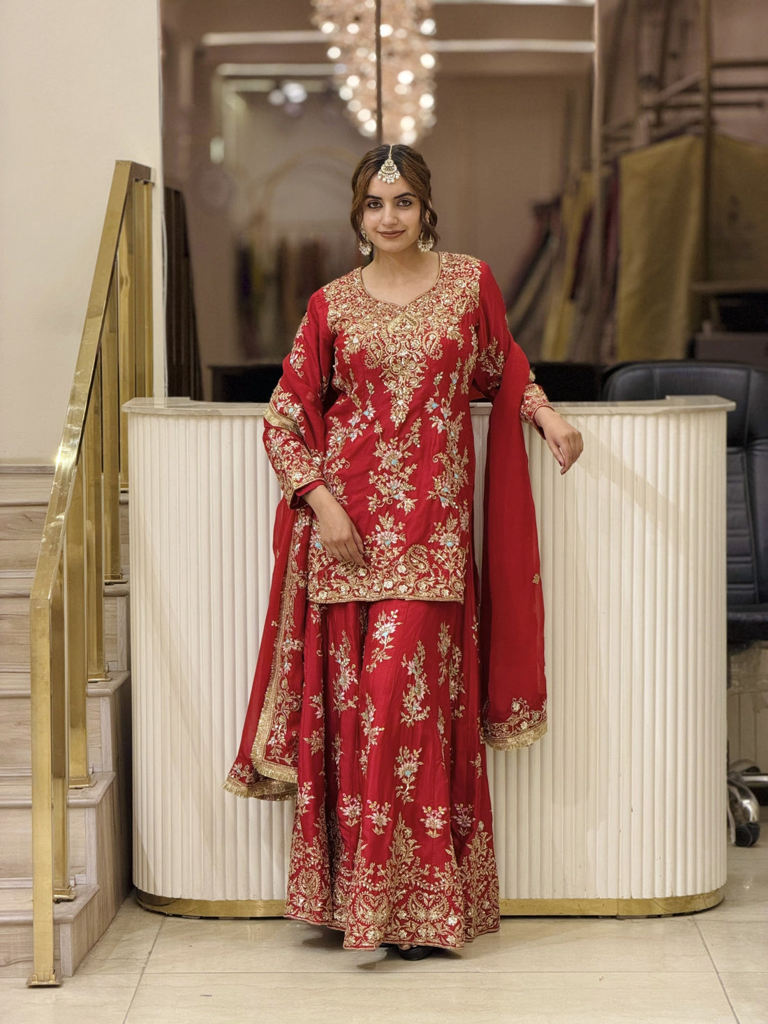 Red Georgette Heavy Work Kurta Palazzo Set