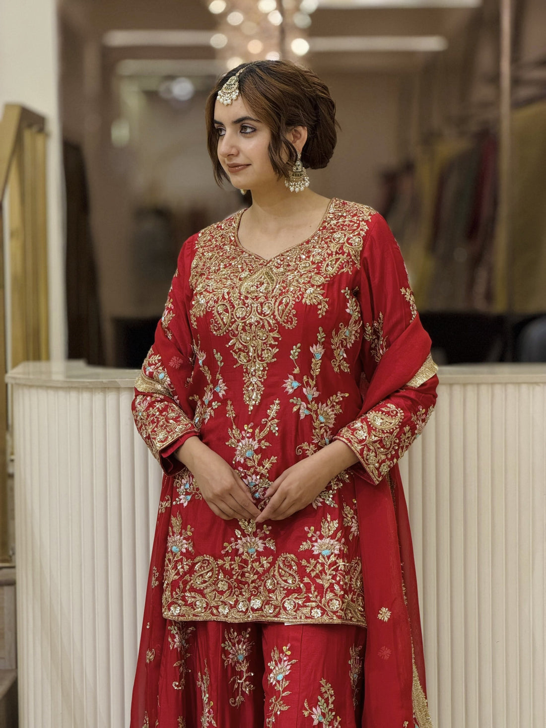Red Georgette Heavy Work Kurta Palazzo Set