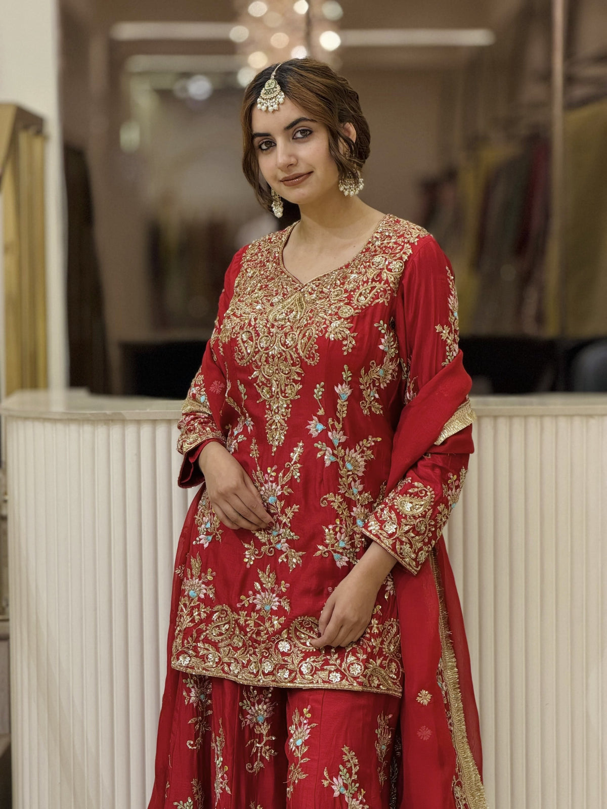 Red Georgette Heavy Work Kurta Palazzo Set, view 3
