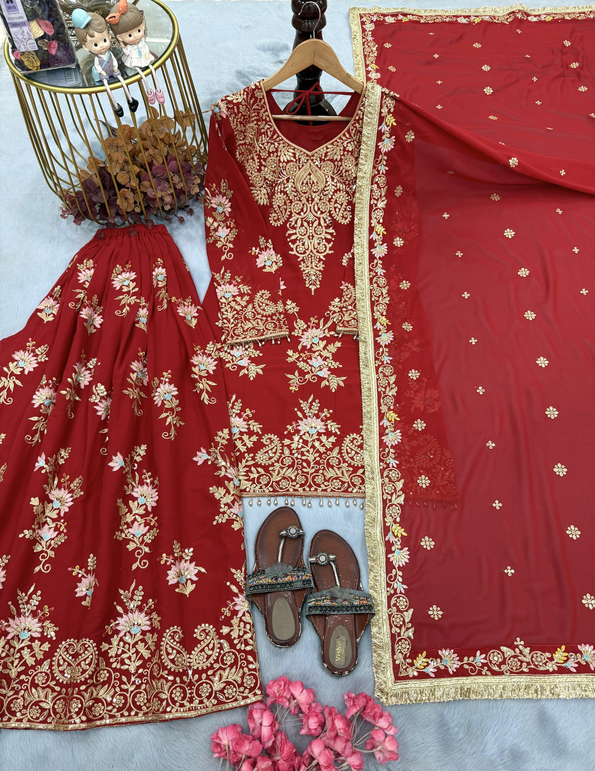 Red Georgette Heavy Work Kurta Palazzo Set, view 4
