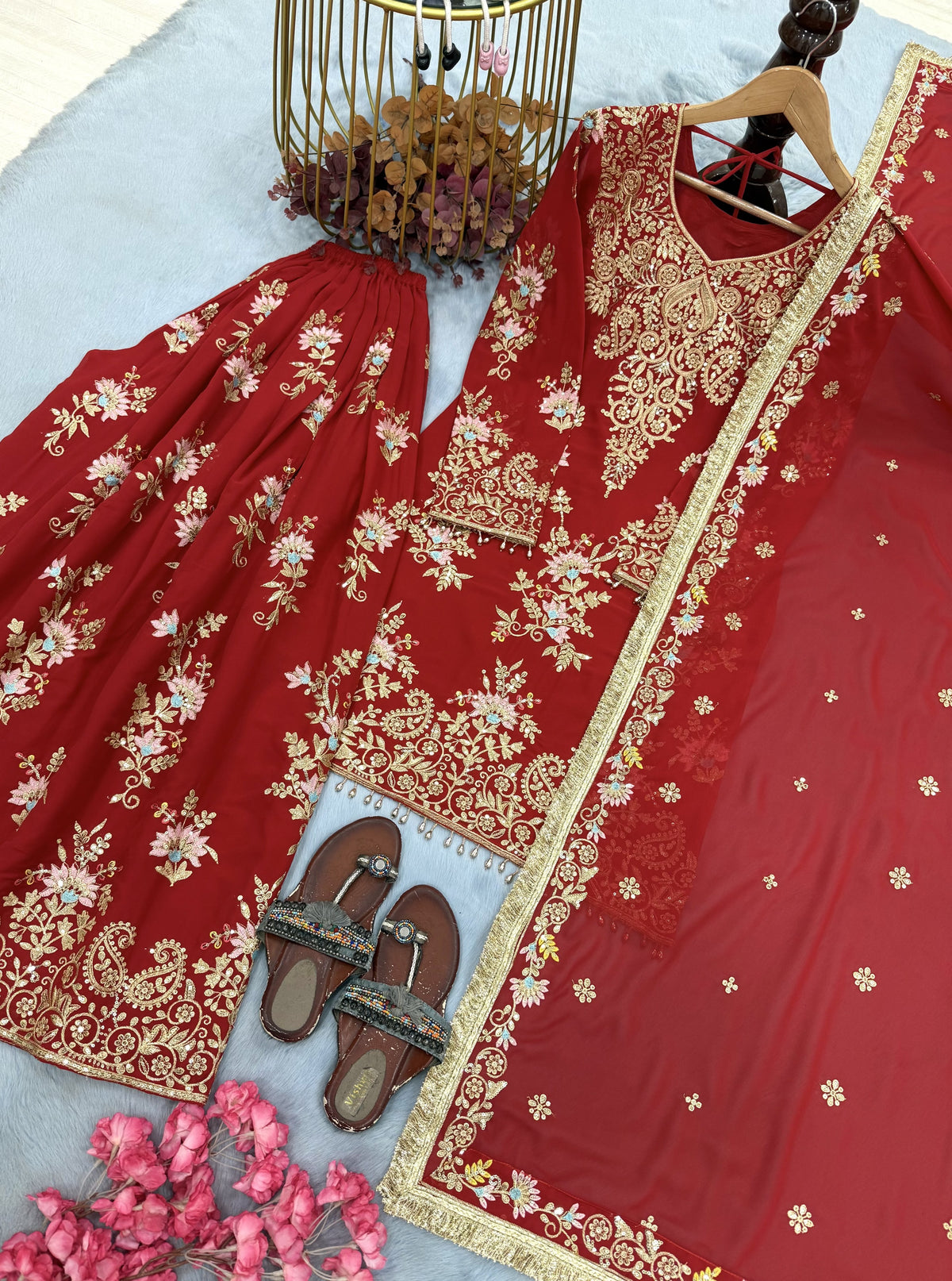 Red Georgette Heavy Work Kurta Palazzo Set, view 5
