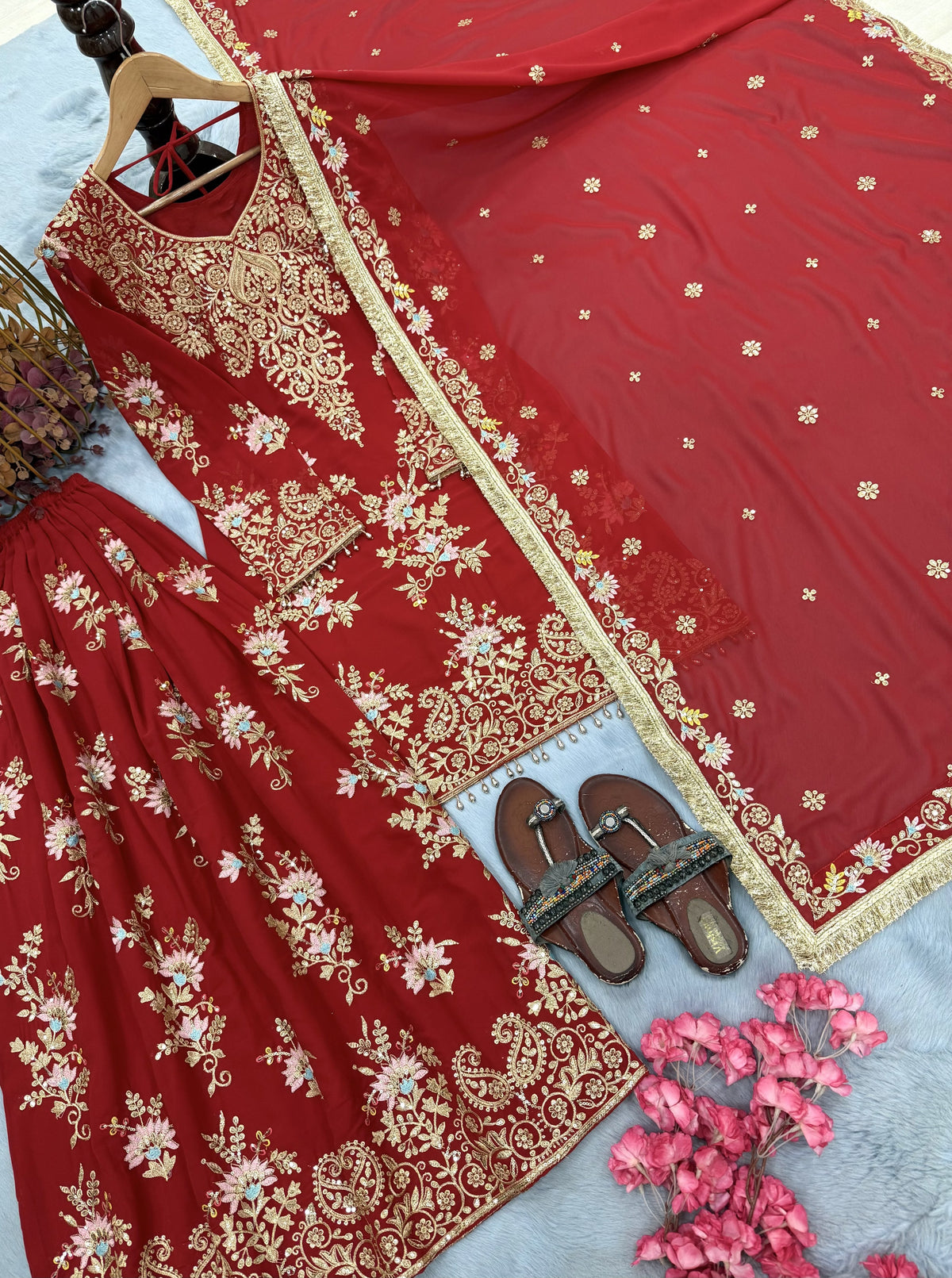 Red Georgette Heavy Work Kurta Palazzo Set, view 6