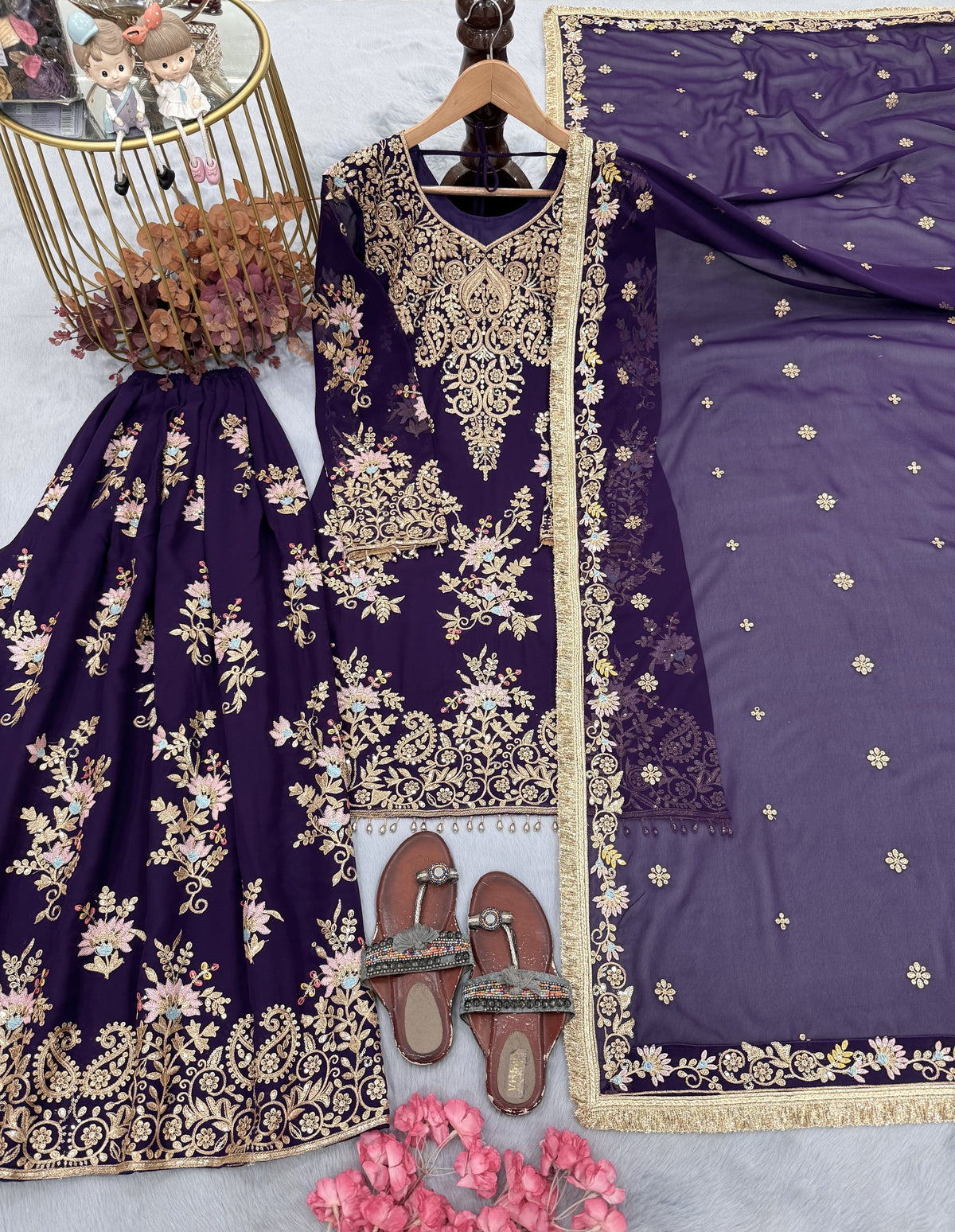 Purple Georgette Heavy Work Kurta Palazzo Set, view 4