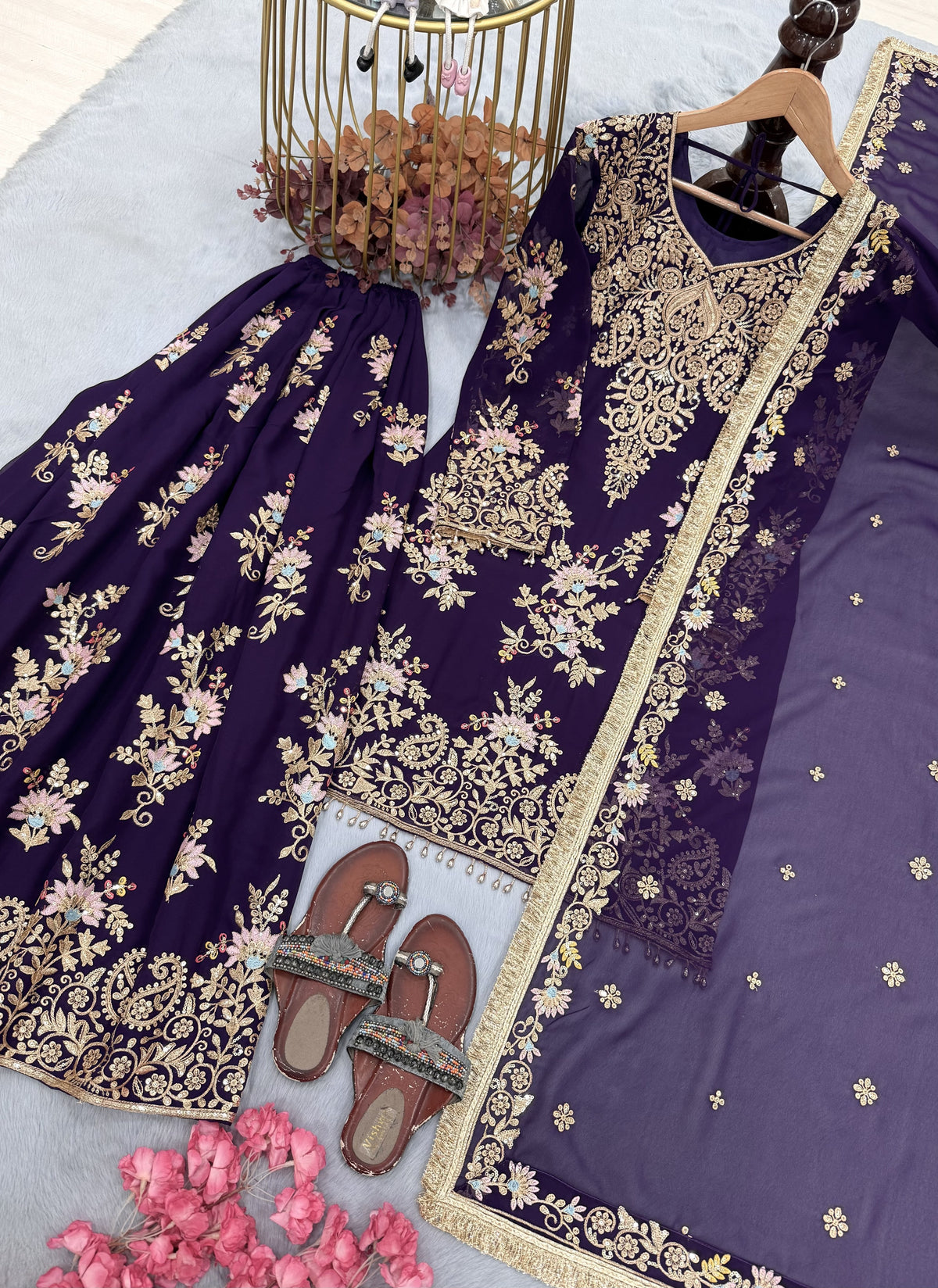 Purple Georgette Heavy Work Kurta Palazzo Set, view 5