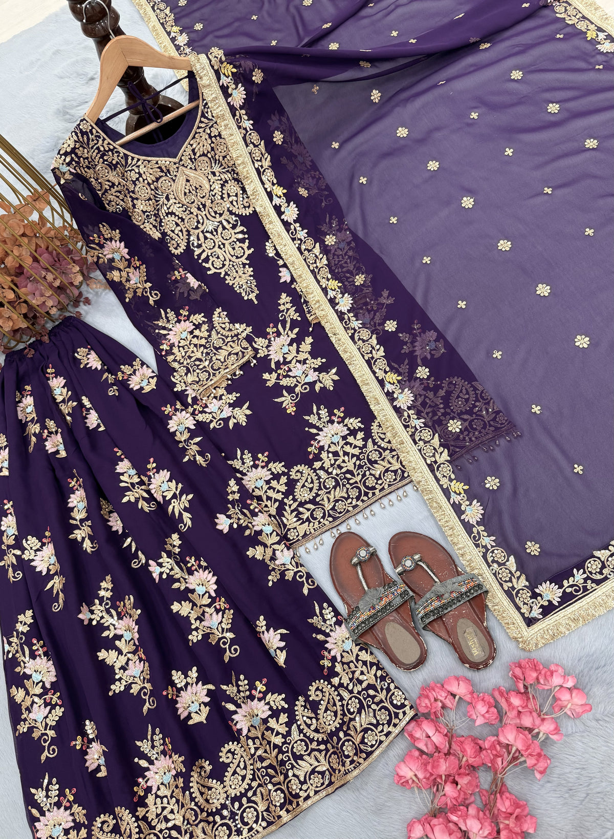 Purple Georgette Heavy Work Kurta Palazzo Set, view 6