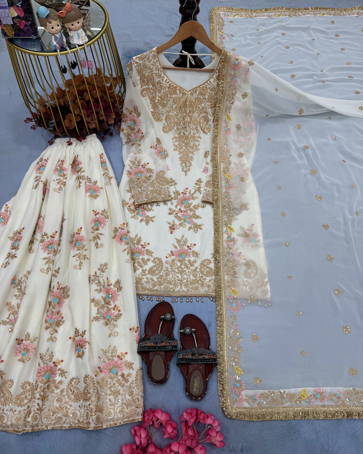 Ivory Georgette Heavy Work Kurta Palazzo Set, view 4