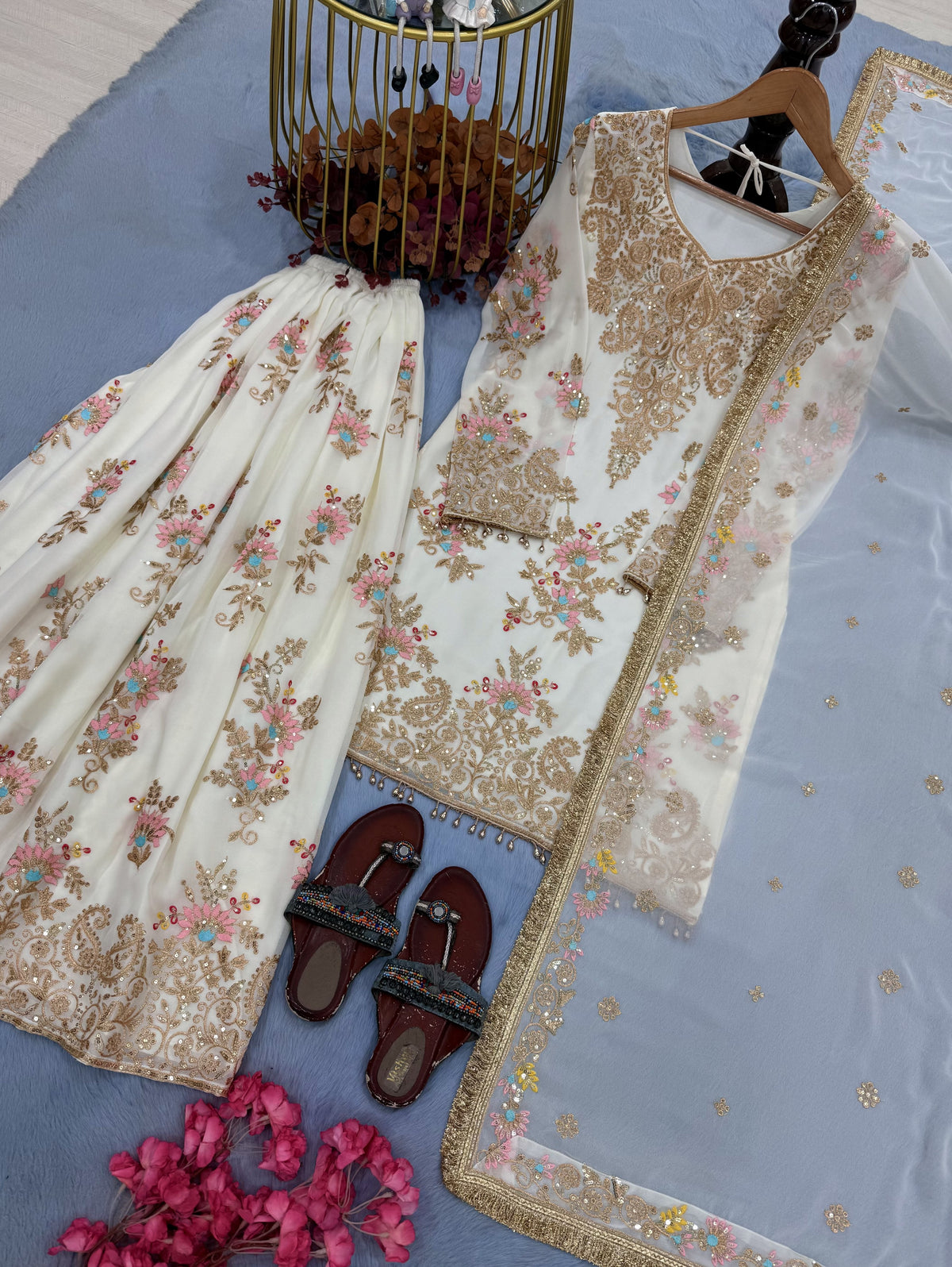 Ivory Georgette Heavy Work Kurta Palazzo Set, view 5