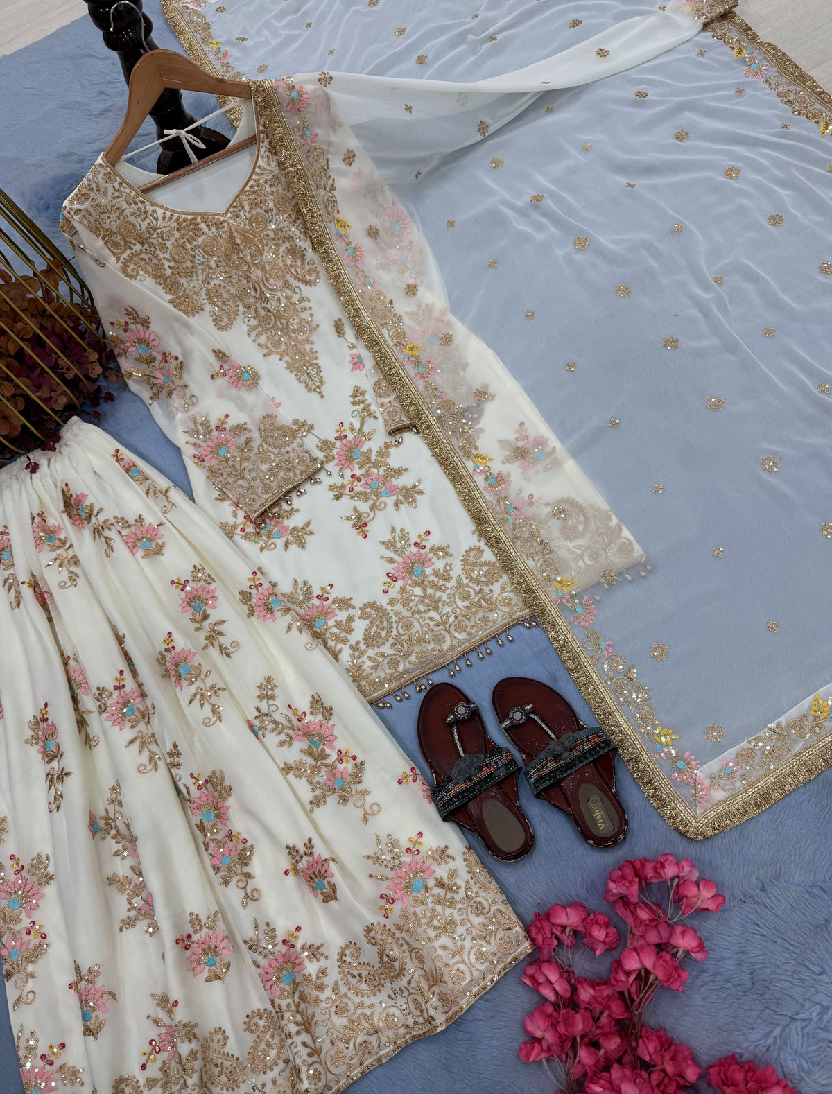 Ivory Georgette Heavy Work Kurta Palazzo Set, view 6