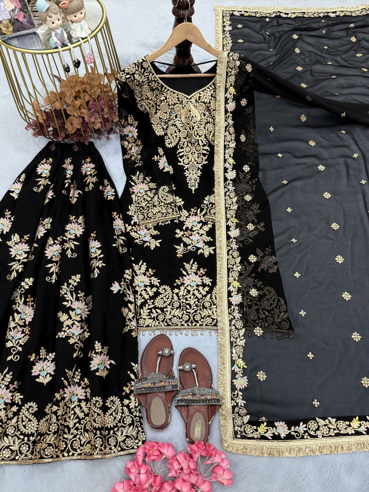 Black Georgette Heavy Work Kurta Palazzo Set, view 4
