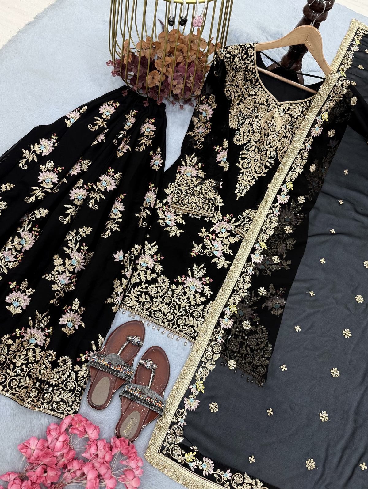 Black Georgette Heavy Work Kurta Palazzo Set, view 5