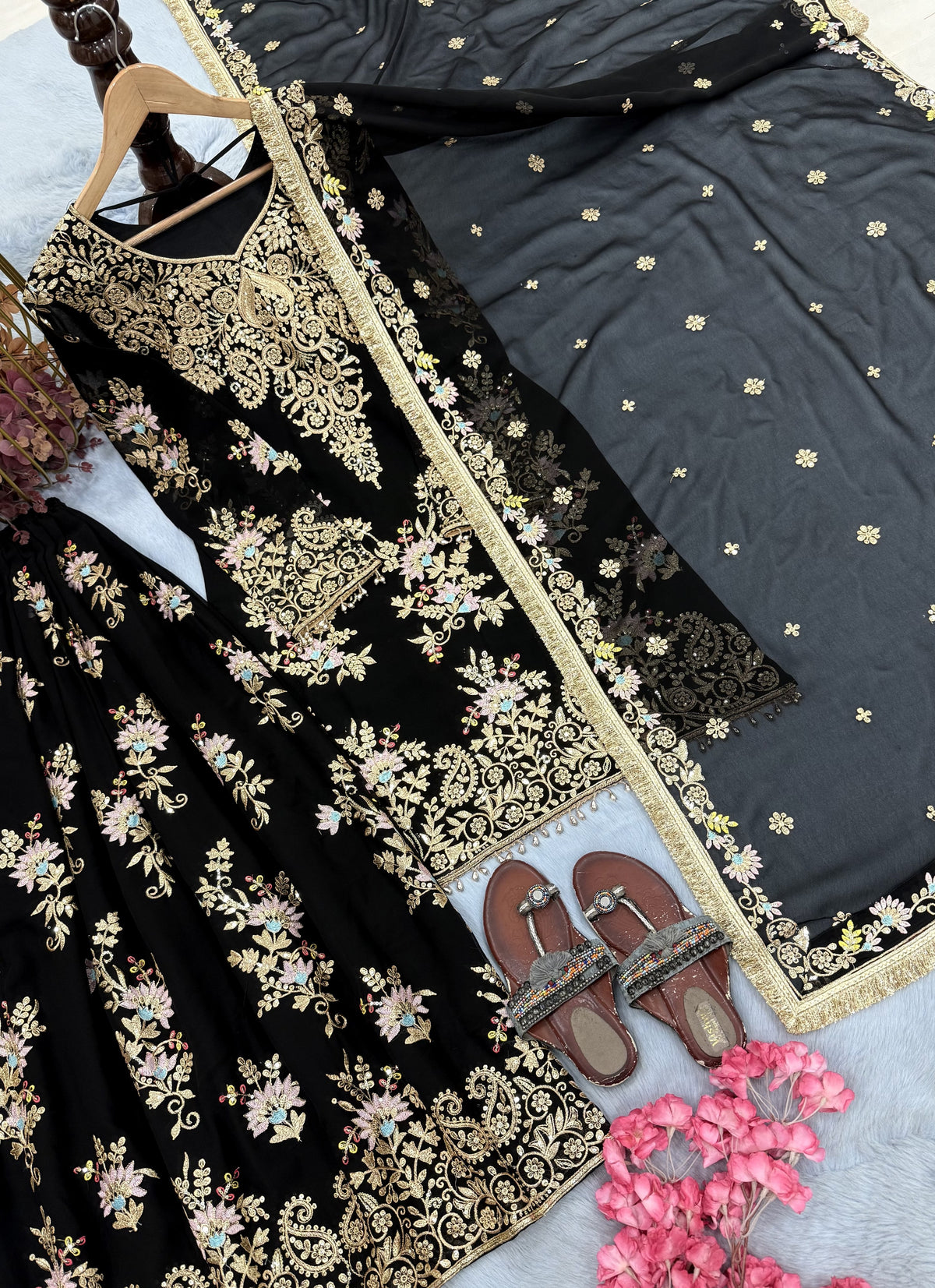Black Georgette Heavy Work Kurta Palazzo Set, view 6