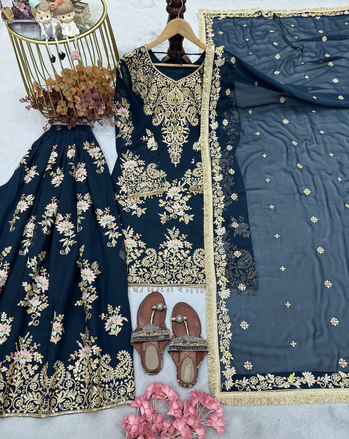 Teal Blue Georgette Heavy Work Kurta Palazzo Set, view 4