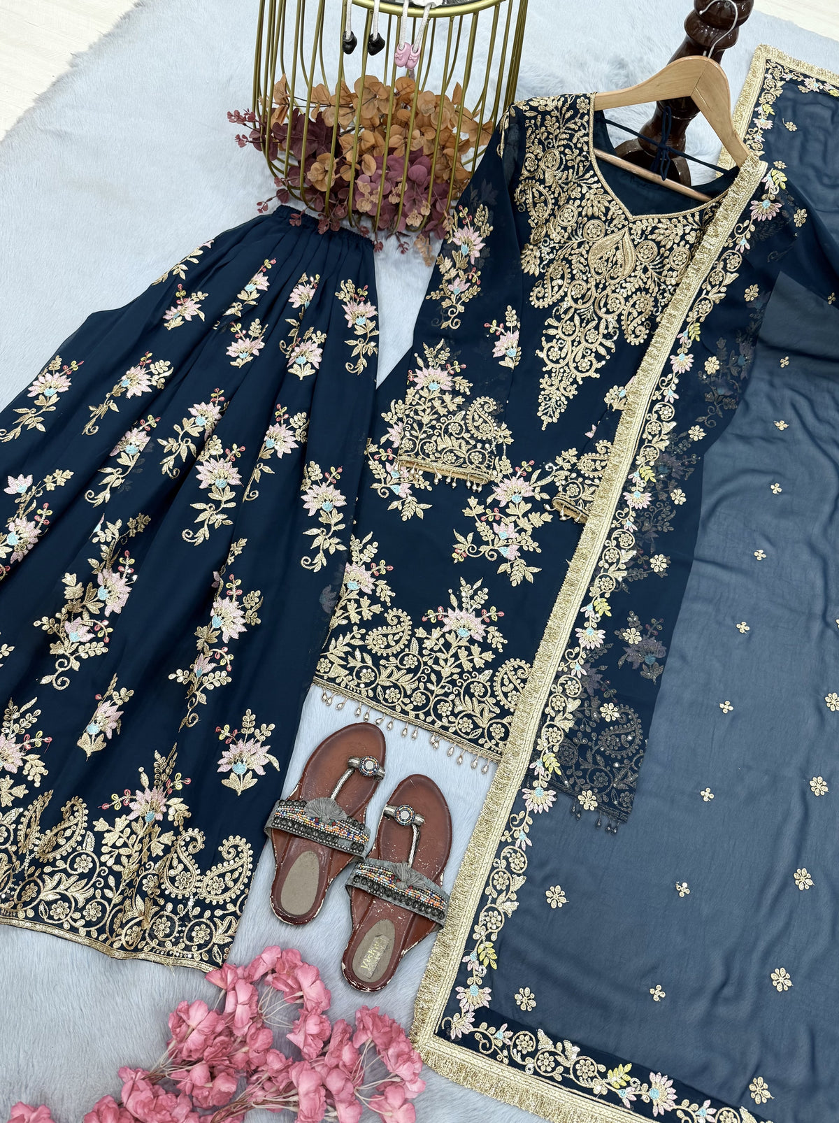 Teal Blue Georgette Heavy Work Kurta Palazzo Set, view 5